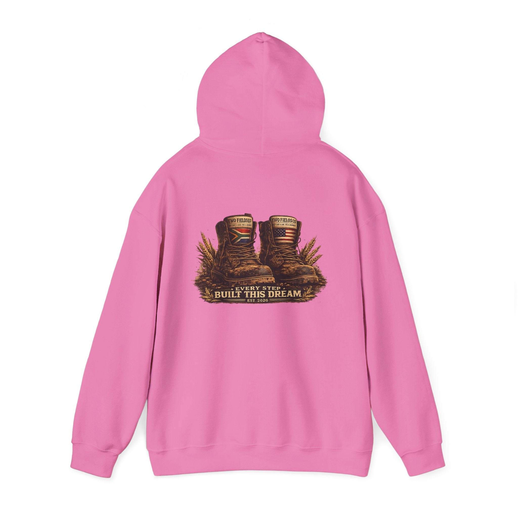 Pink pullover hoodie with hood and large back graphic with two book designs and text