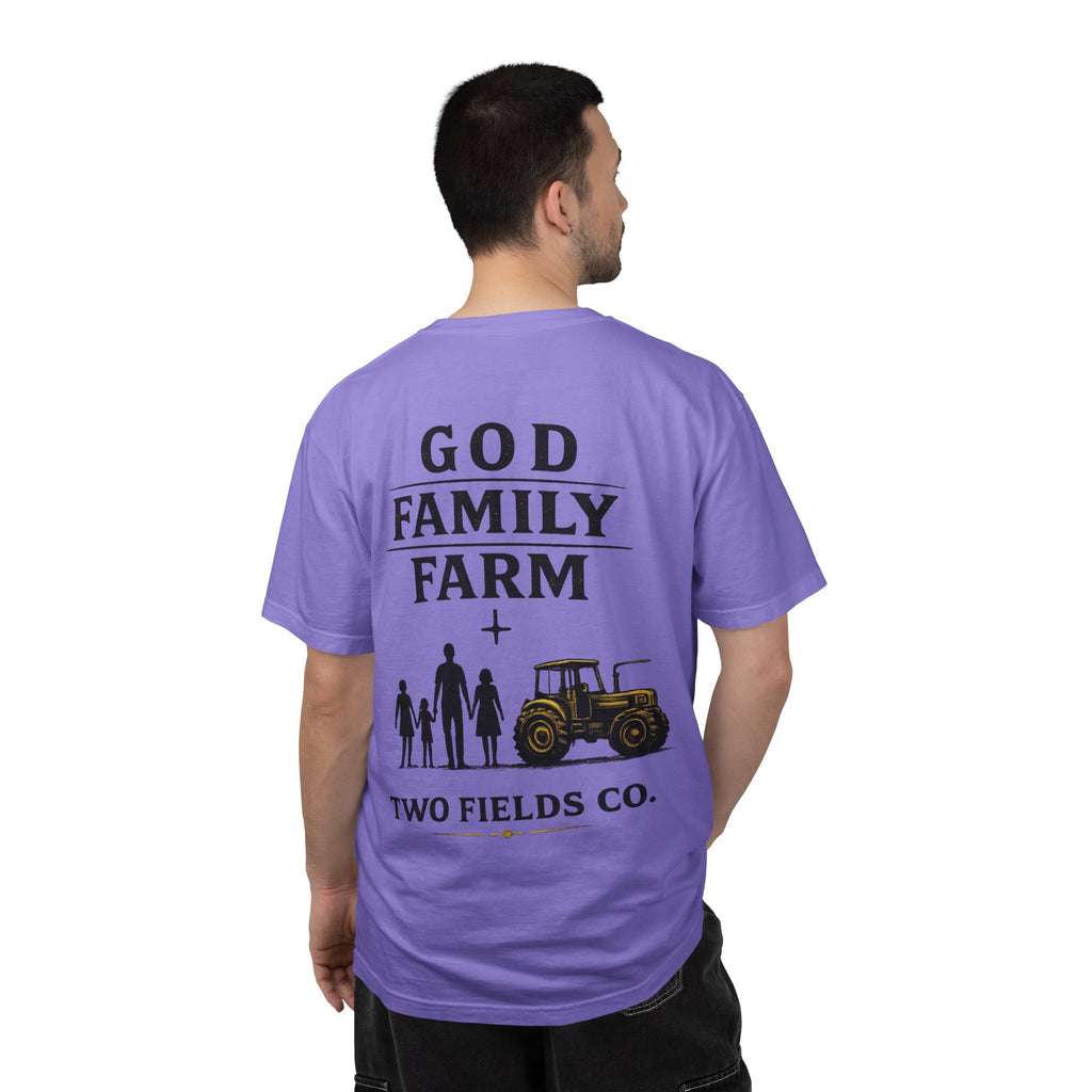 Men's purple crew-neck T-shirt back with 'God Family Farm' tractor family graphic