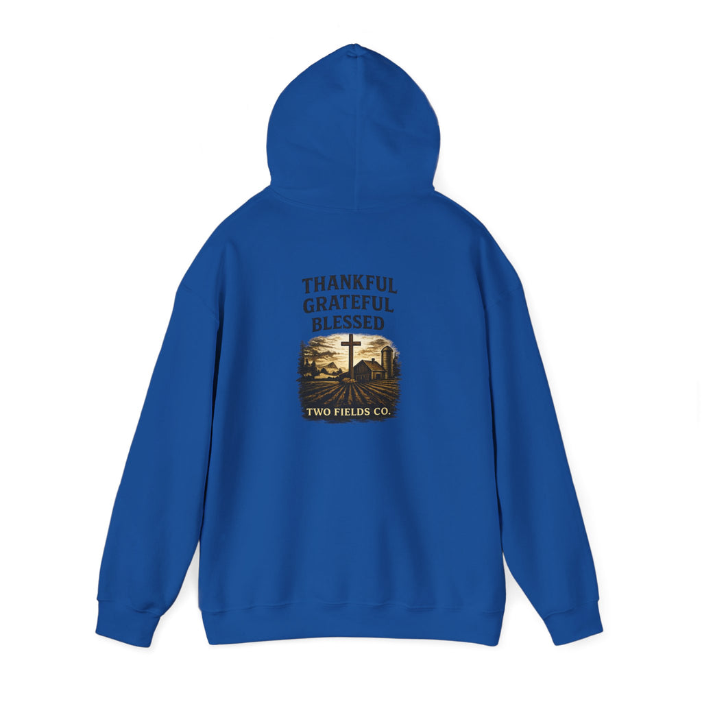 Blue pullover hoodie back view, hood and pouch, central cross-themed graphic