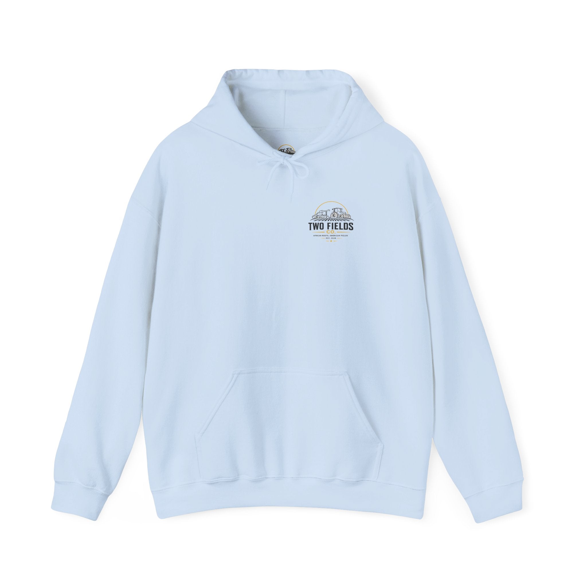 Light blue hoodie with small Two Fields logo on chest, hood, drawstring, and front pocket.