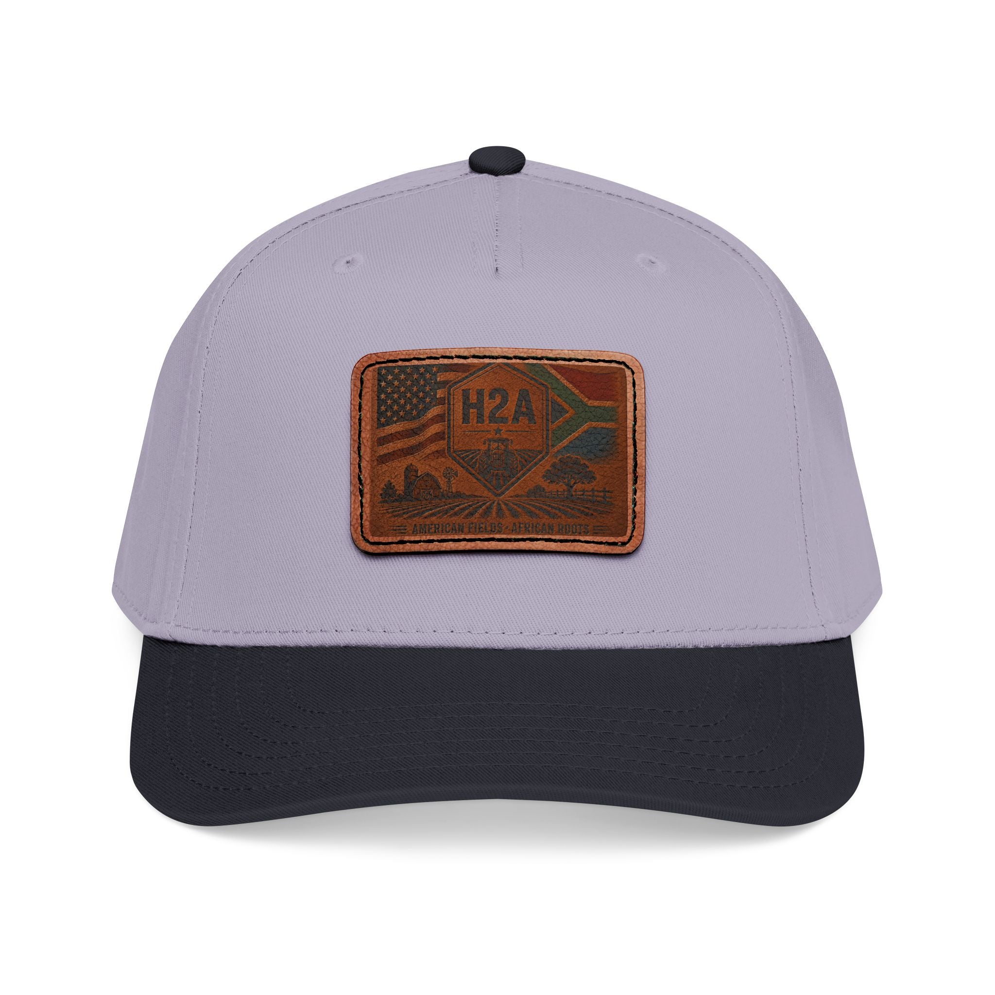 Two-tone baseball cap, light gray crown with black brim and rectangular H2A patch