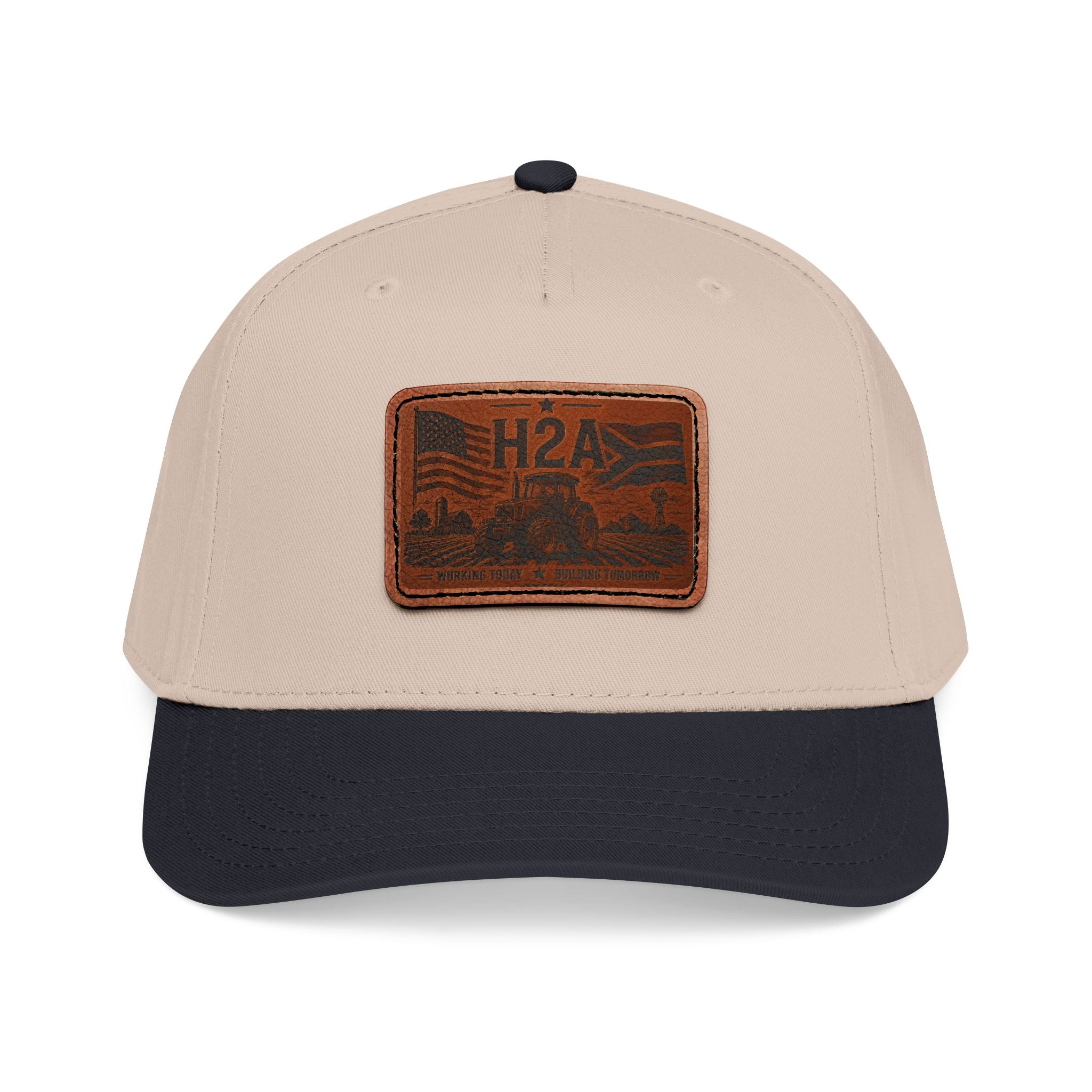 Leather patch baseball cap, beige crown and dark navy brim with rectangle H2A patch