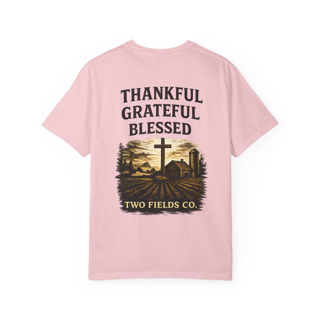 Christian farm cross graphic T-shirt, pink crewneck with “THANKFUL GRATEFUL BLESSED” front graphic