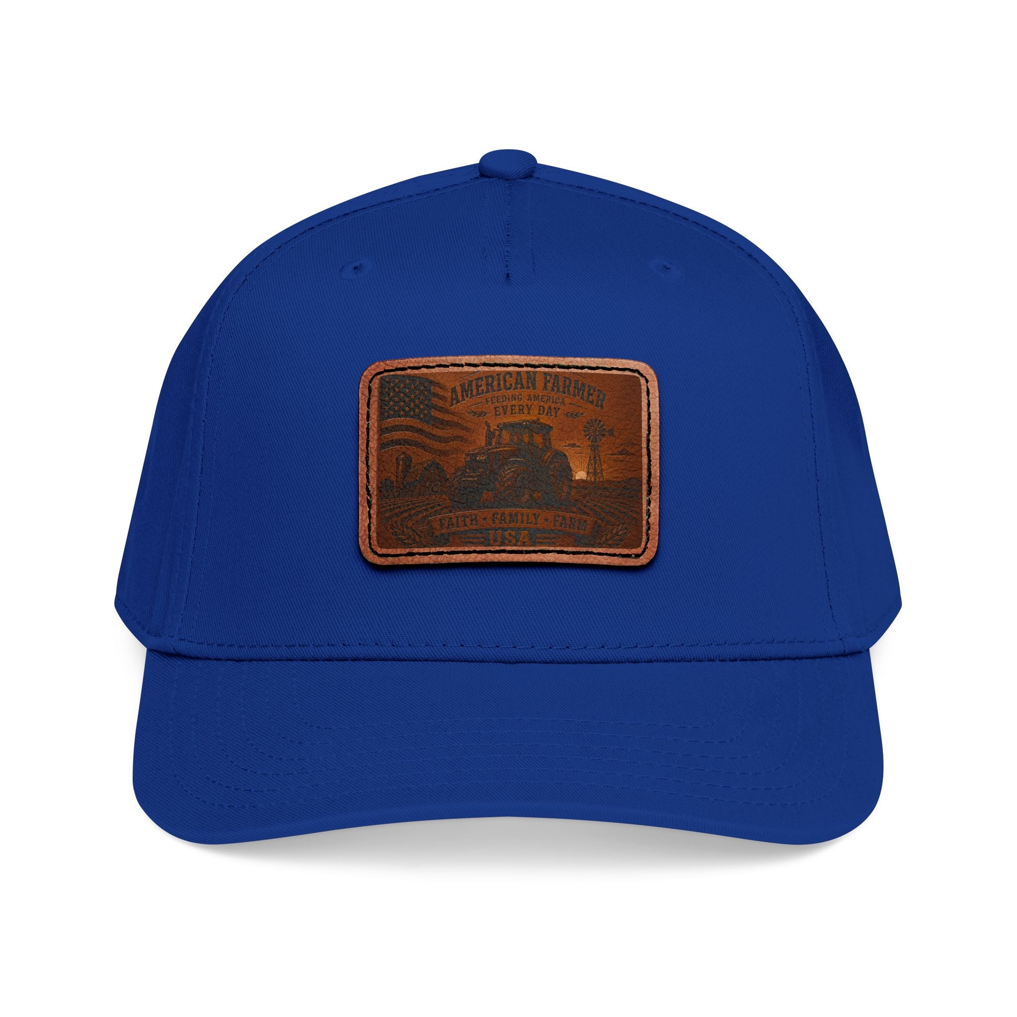 Leather patch baseball cap, royal blue with tan rectangular leather front patch