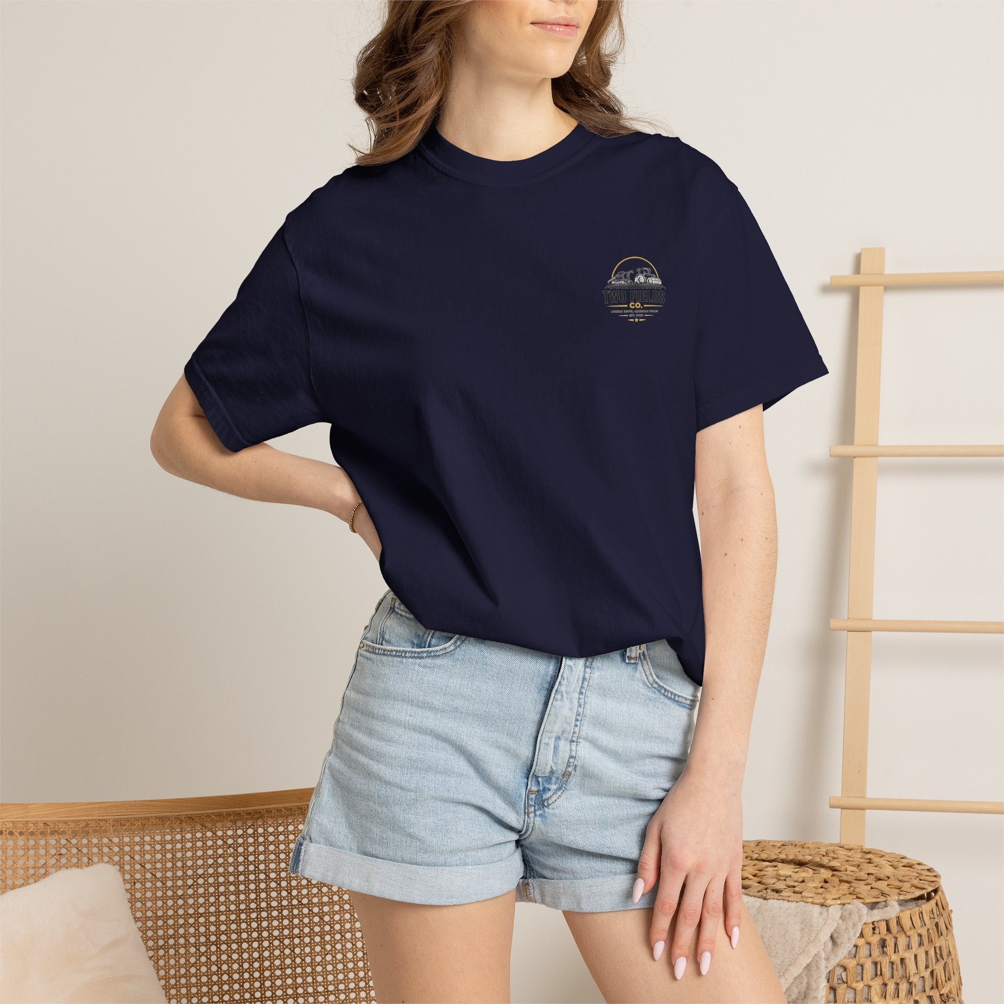 Navy T-shirt on model with small Two Fields Co logo on the chest