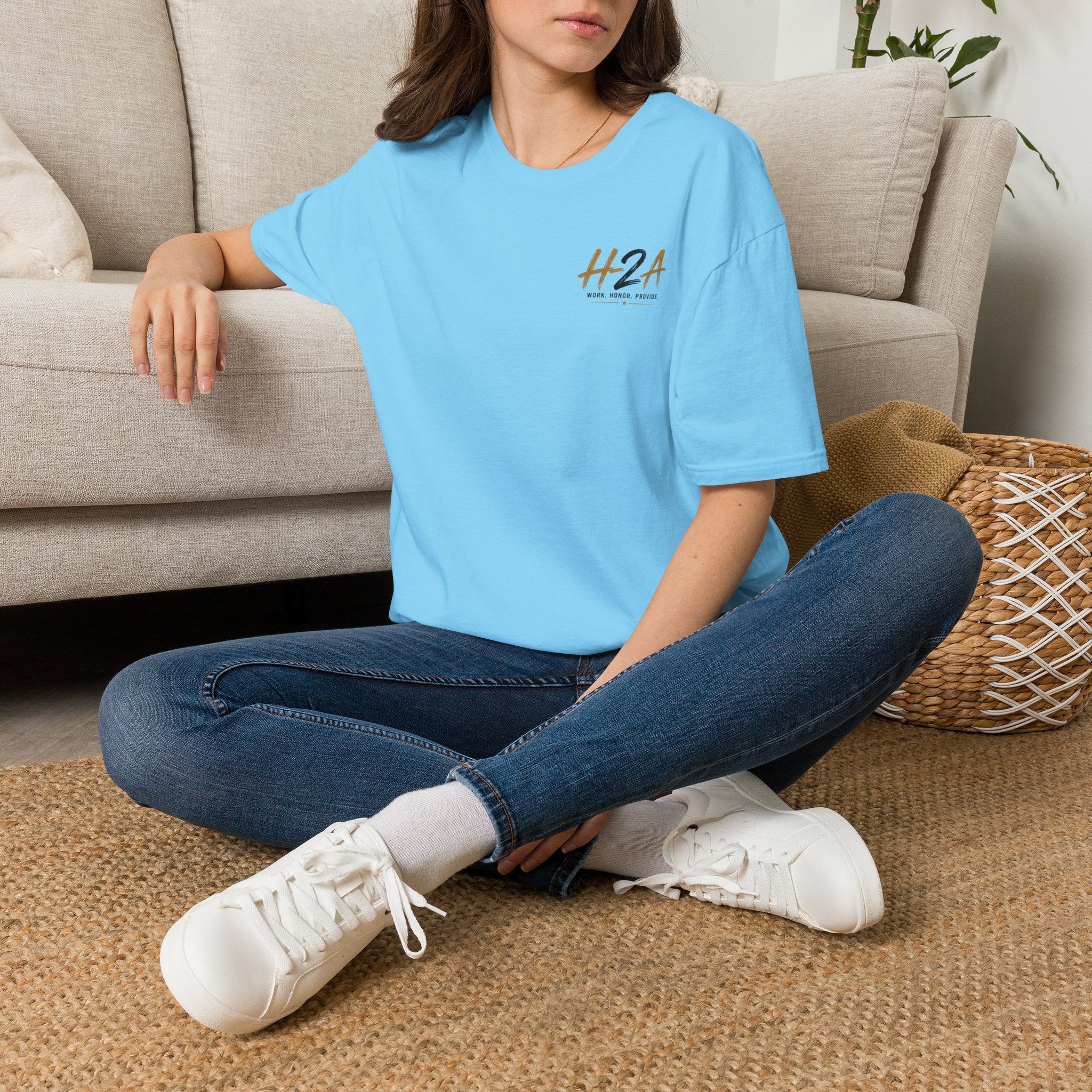 Unisex softstyle T-shirt, light blue, small H2A logo on front chest