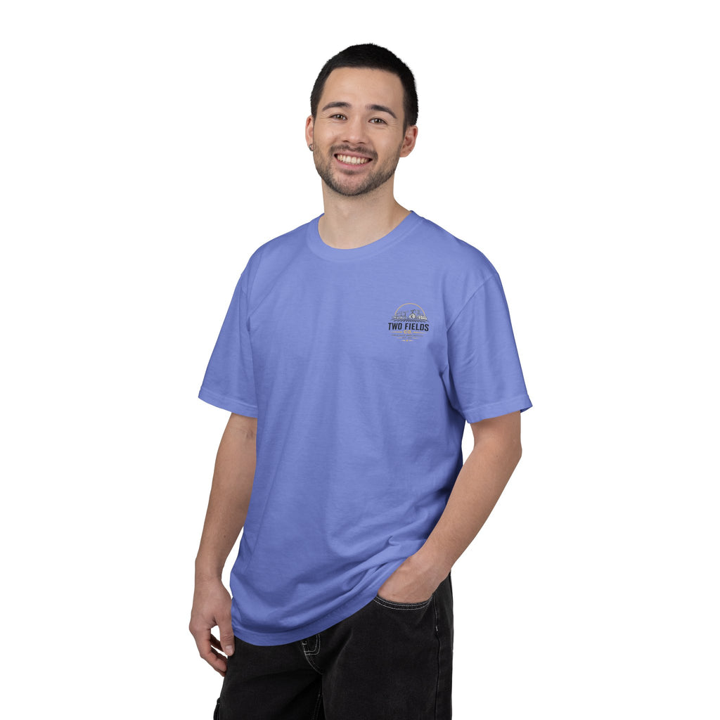 Light blue crewneck T-shirt on model with small Two Fields logo on left chest