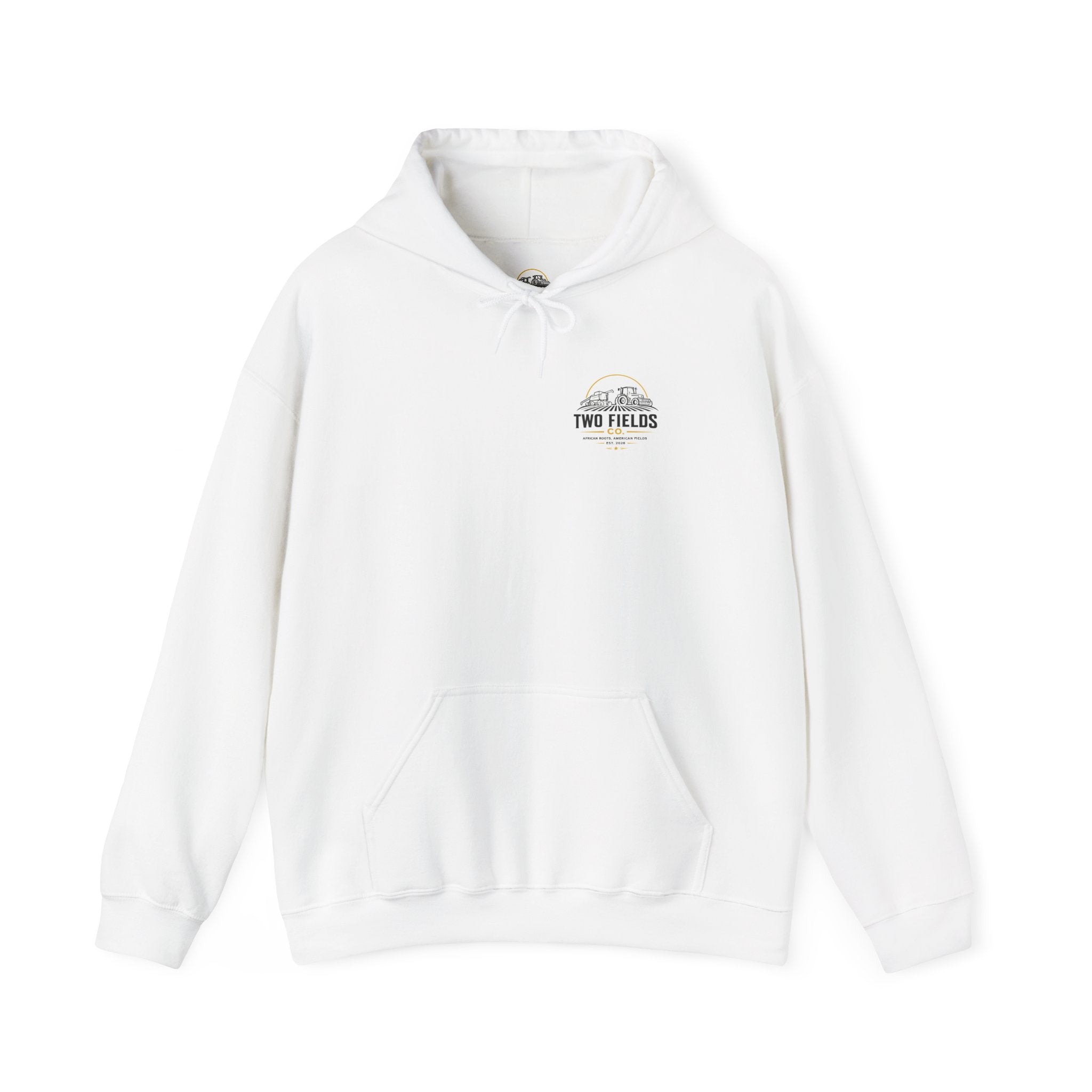 White hoodie with small Two Fields logo on chest, hood, drawstring, and front pocket.