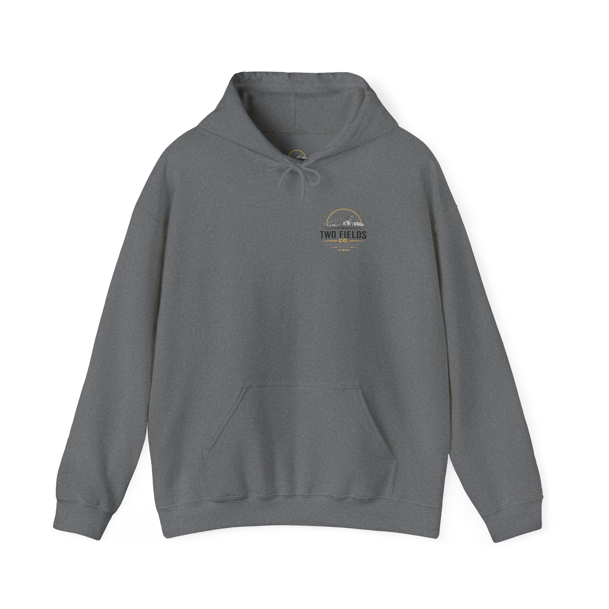 Dark gray hoodie with small Two Fields logo on chest, hood, drawstring, and front pocket.