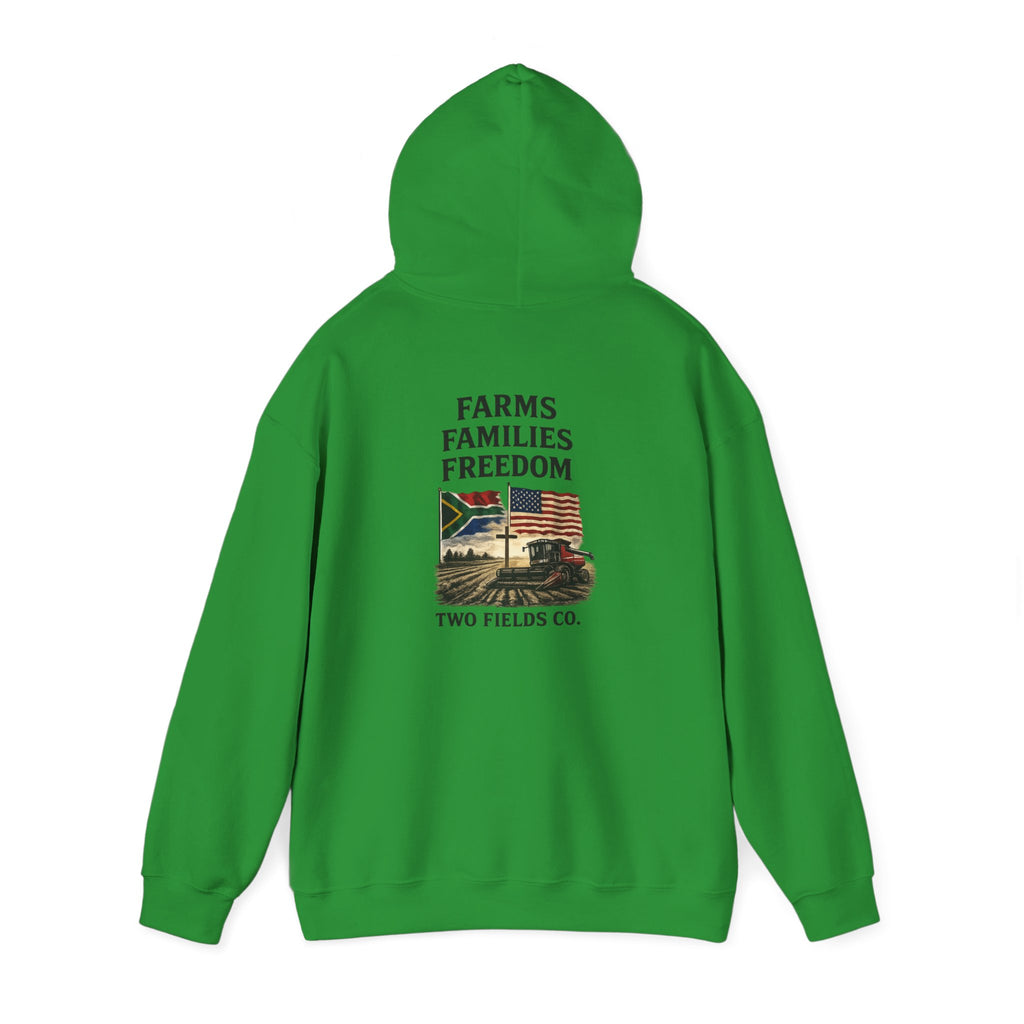 Green pullover hoodie with drawstring hood and back Freedom graphic