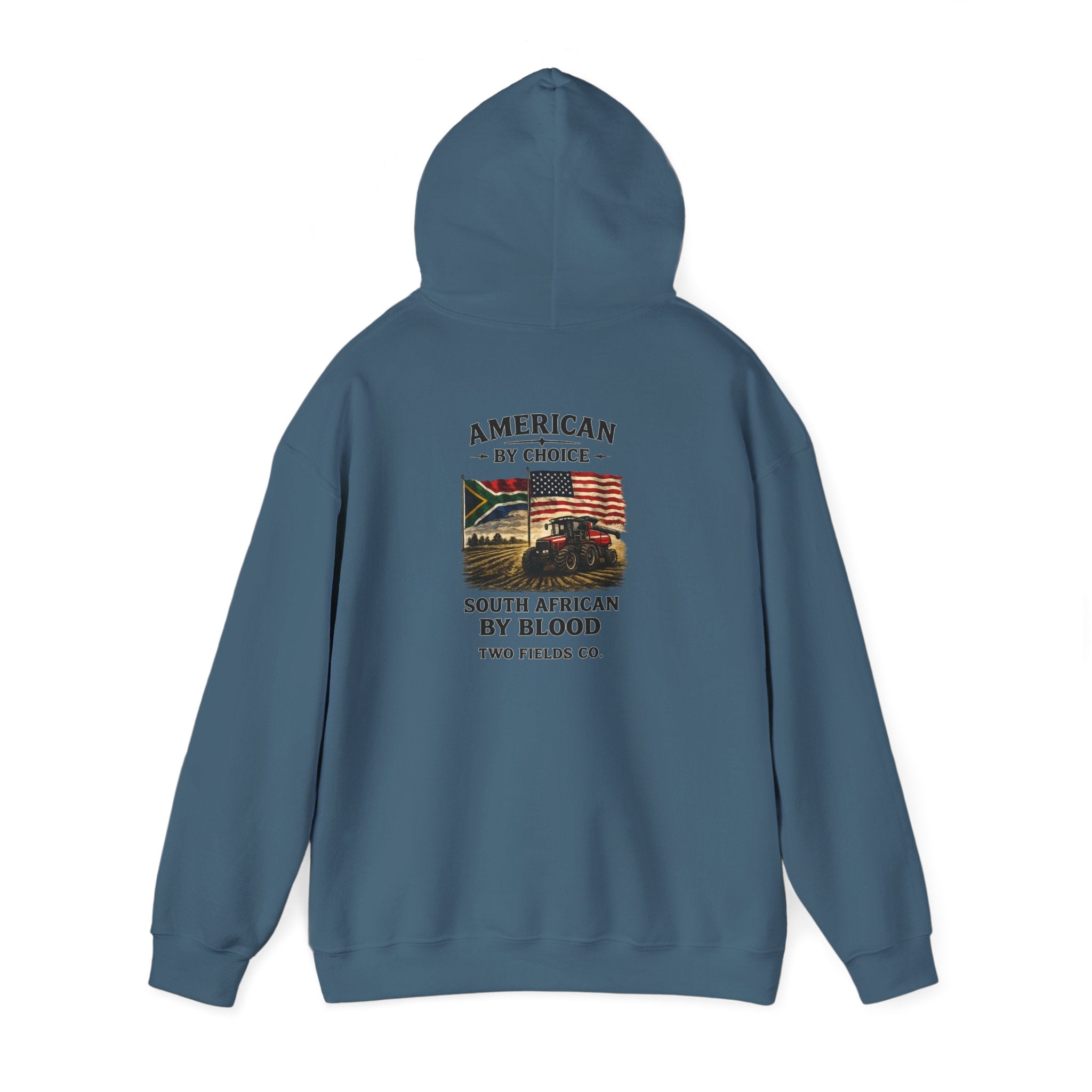 Teal pullover hoodie, back view with centered logo and hood