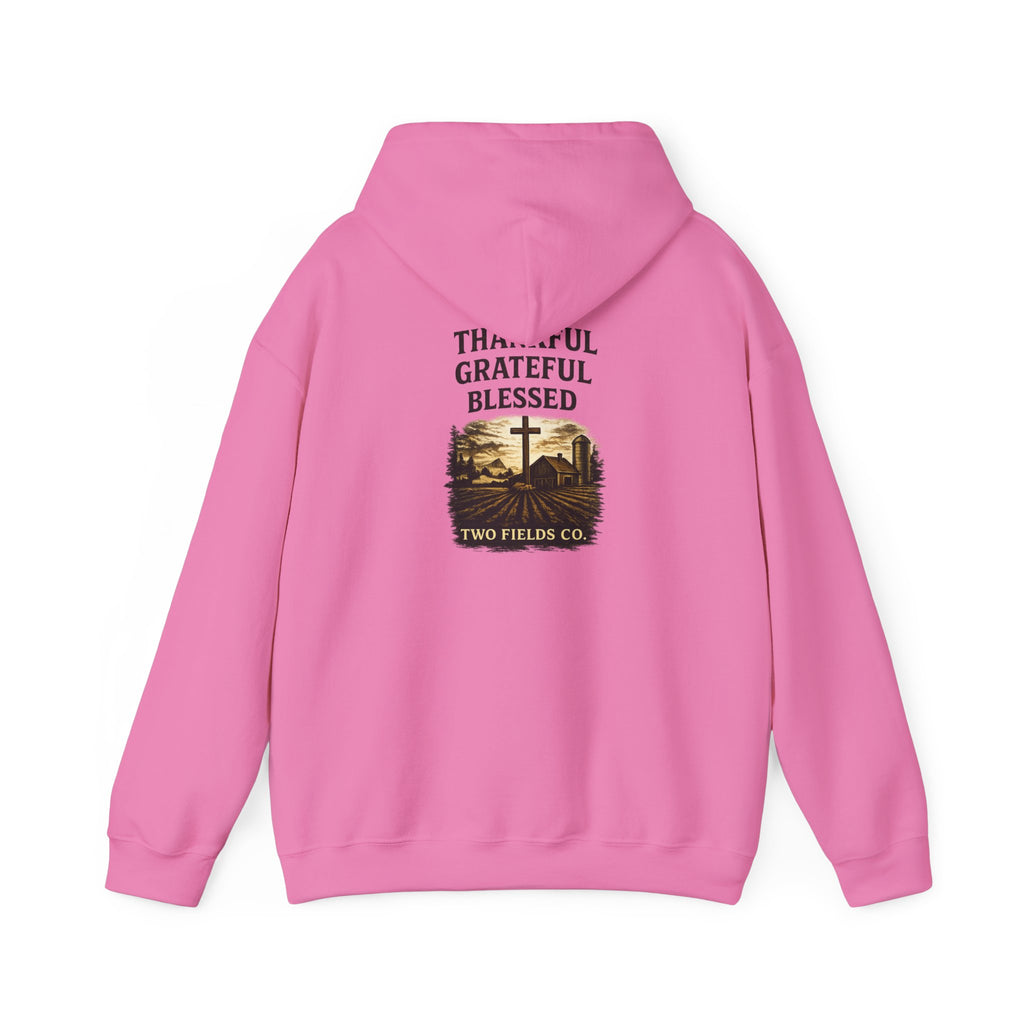 Pink pullover hoodie with hood and pouch, large chest print with cross