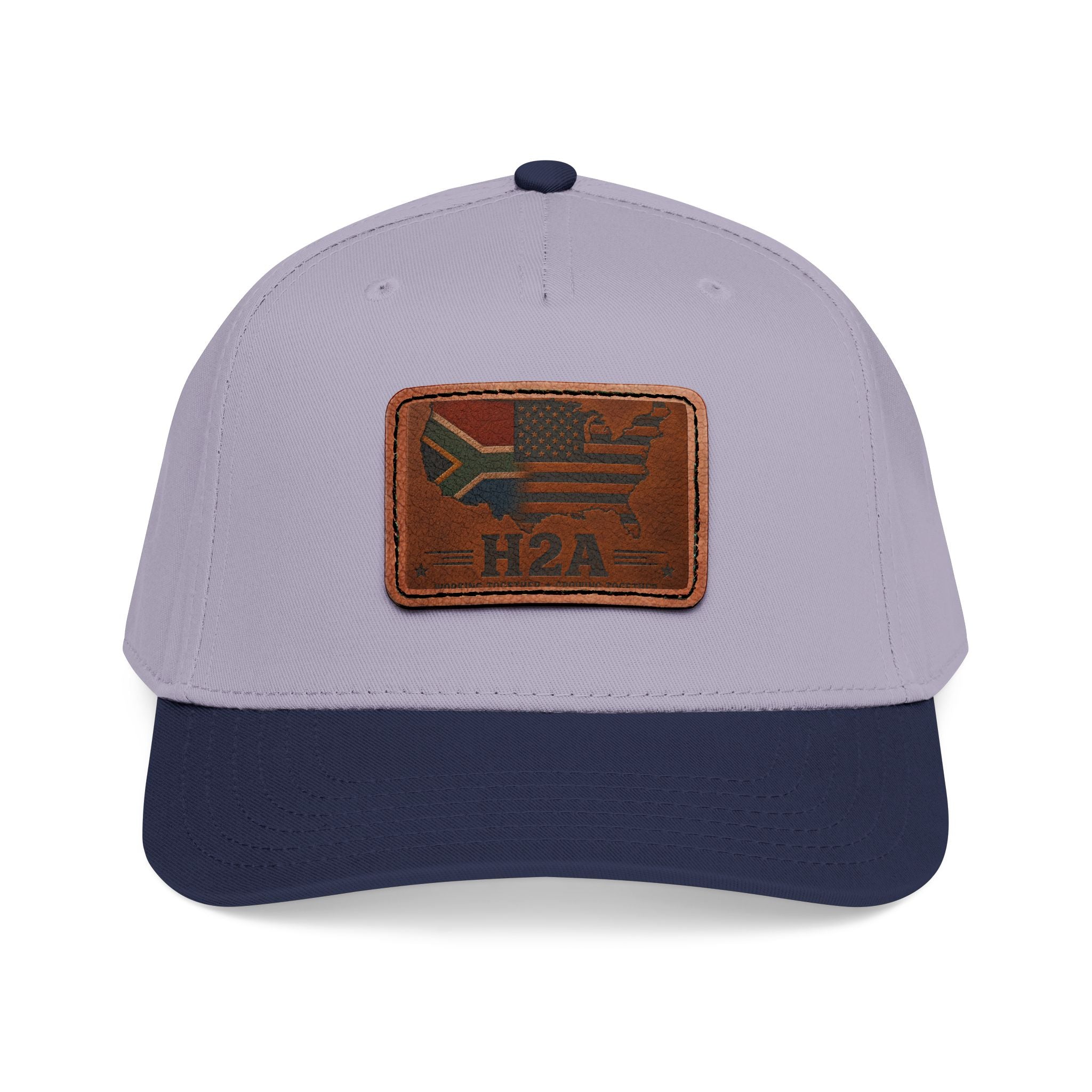Light gray and navy leather patch baseball cap with rectangular H2A flag patch