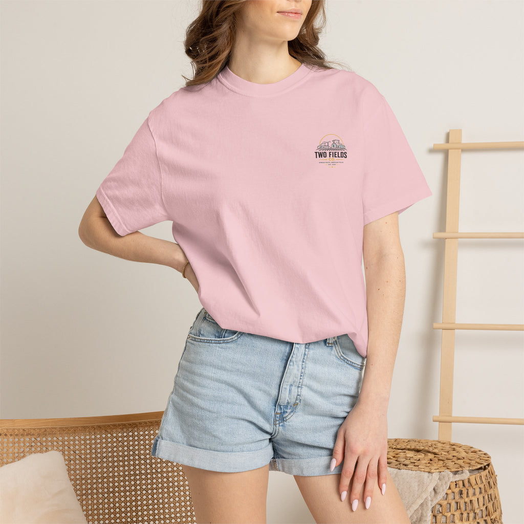 Light pink crew-neck T-shirt with small Two Fields Co. chest logo