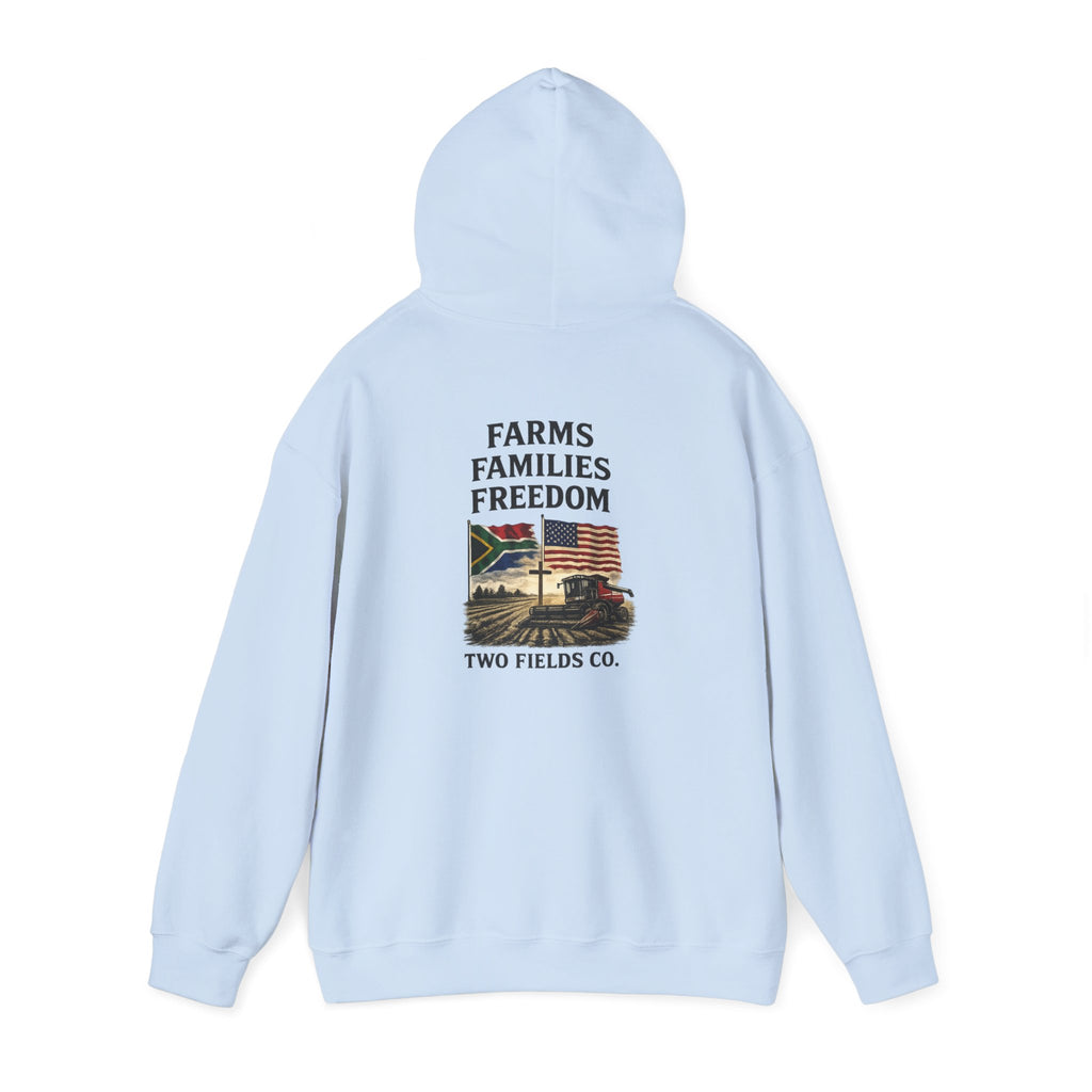Light blue Freedom Families hoodie, hooded back graphic with text and logo