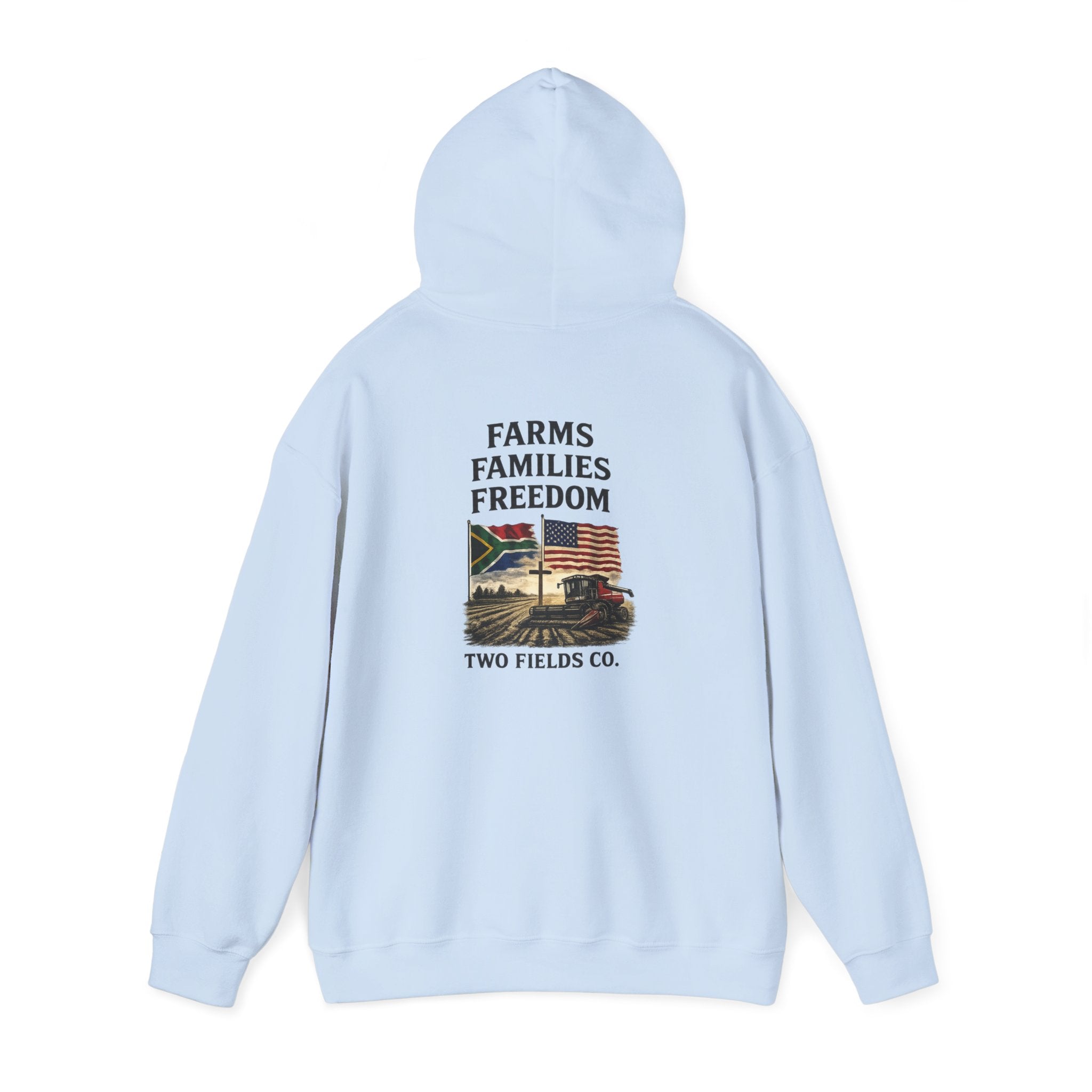 Light blue Freedom Families hoodie, hooded back graphic with text and logo