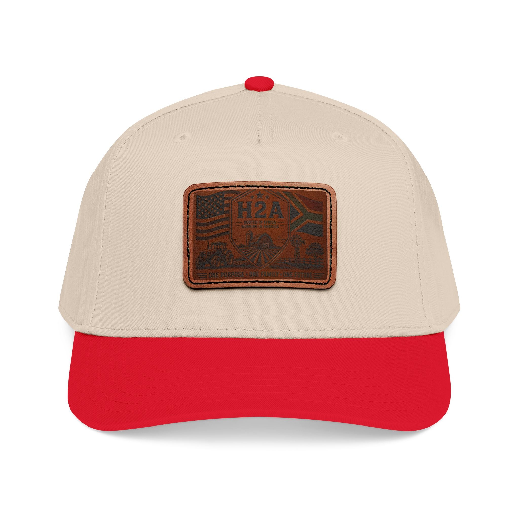 Beige and red baseball cap with rectangular H2A flag leather patch
