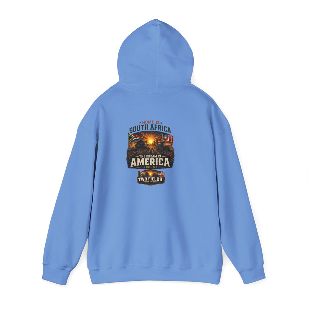 Blue zipless hoodie with hood and printed travel graphic on back