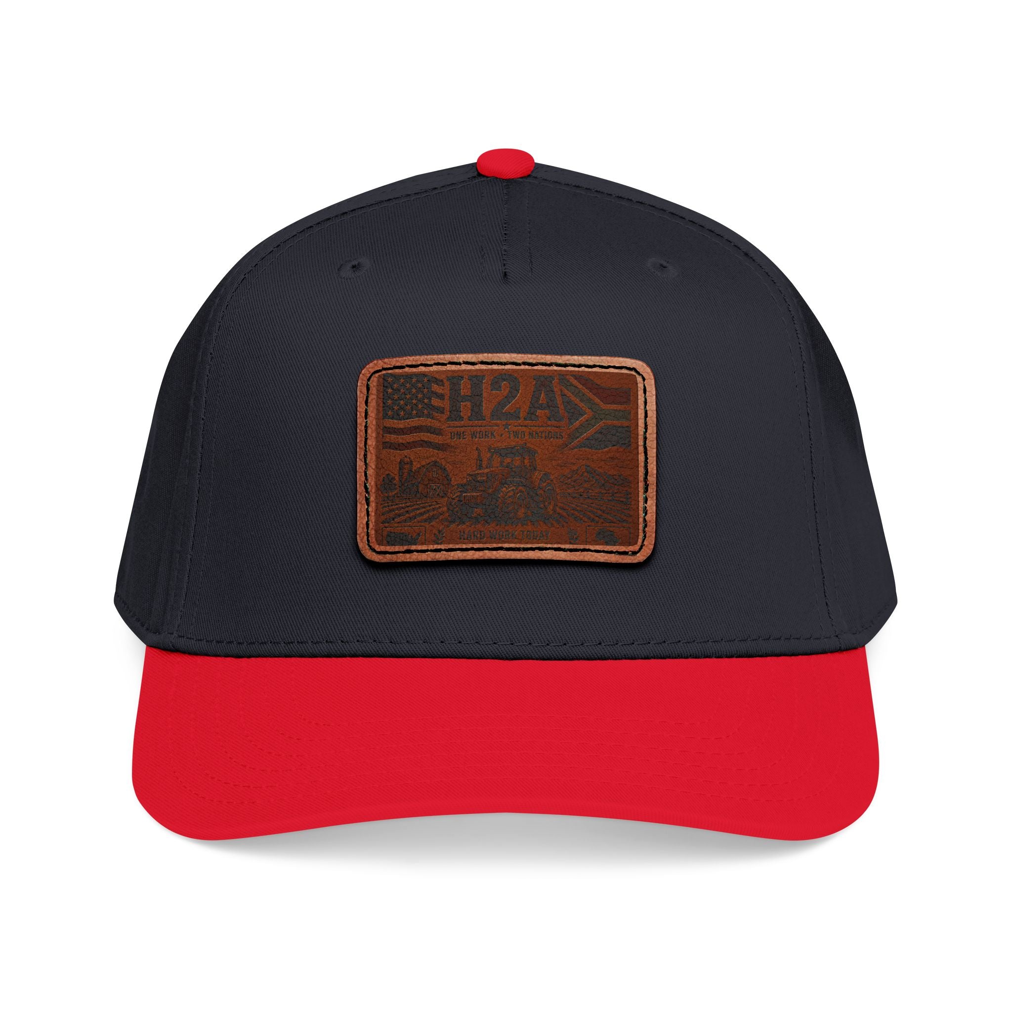 Dark navy baseball cap with red brim and rectangular leather H2A truck patch.