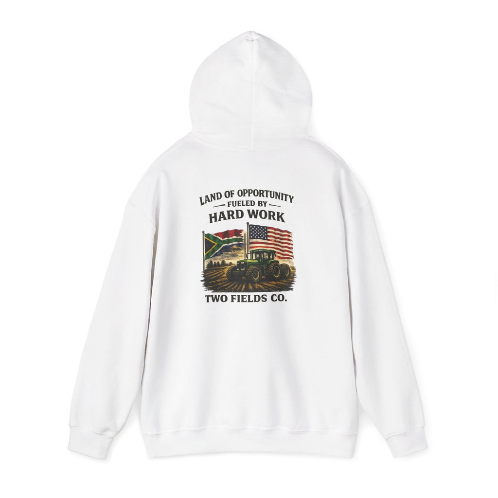 White pullover hoodie with back graphic text and hood drawstring