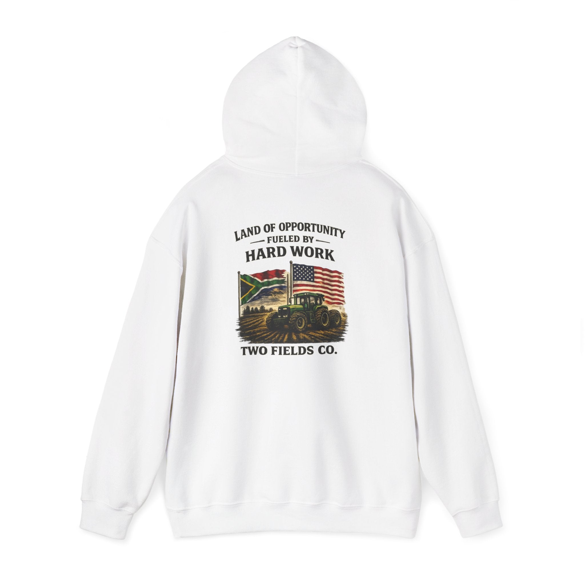 White pullover hoodie with back graphic text and hood drawstring