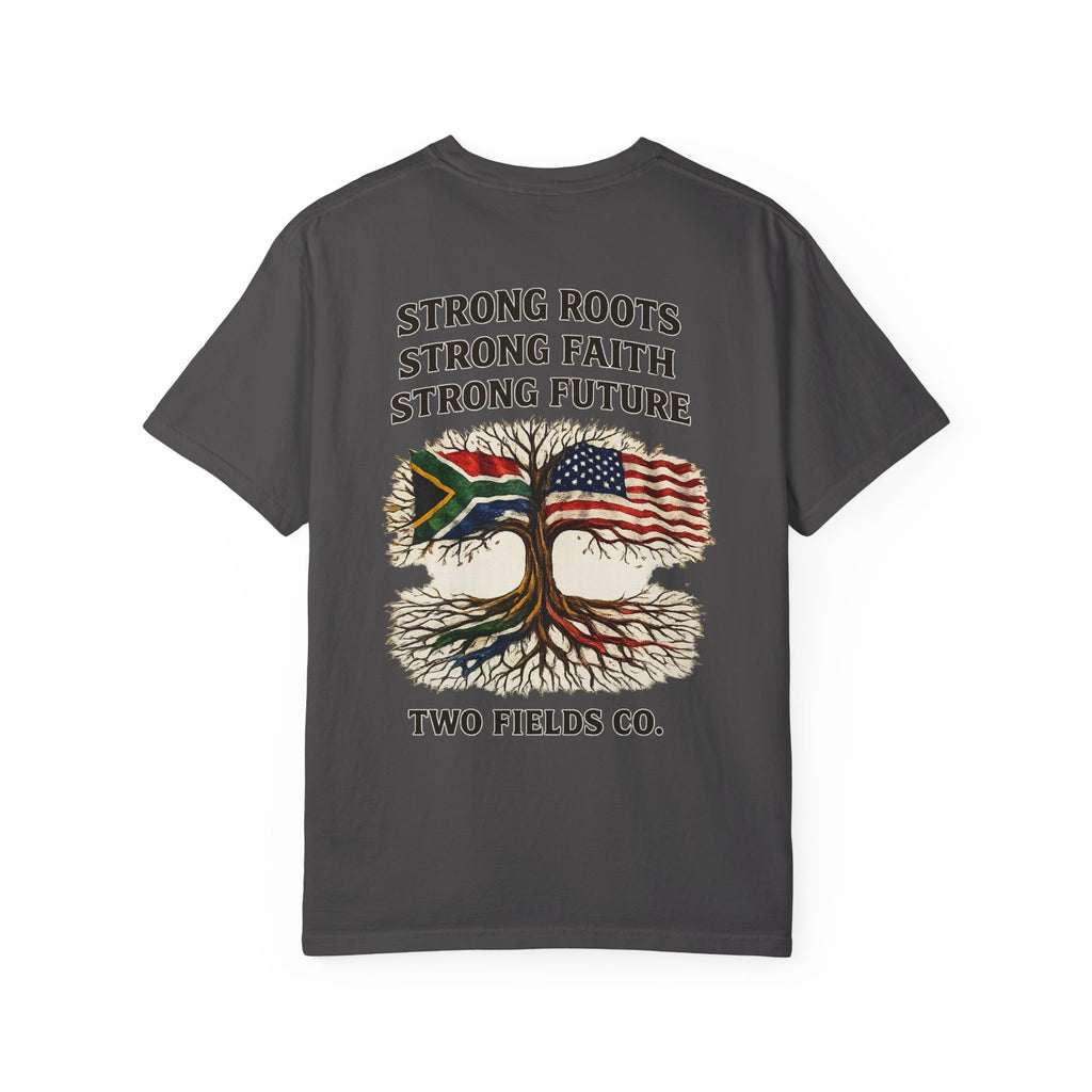 Dark gray crew-neck T-shirt with Strong Roots faith future tree graphic and two flags