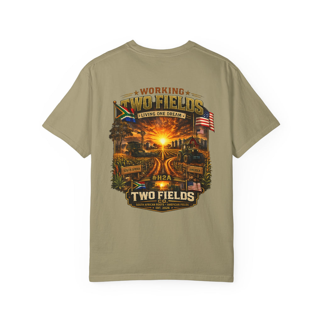 Olive T-shirt with large Two Fields farm sunset graphic on front