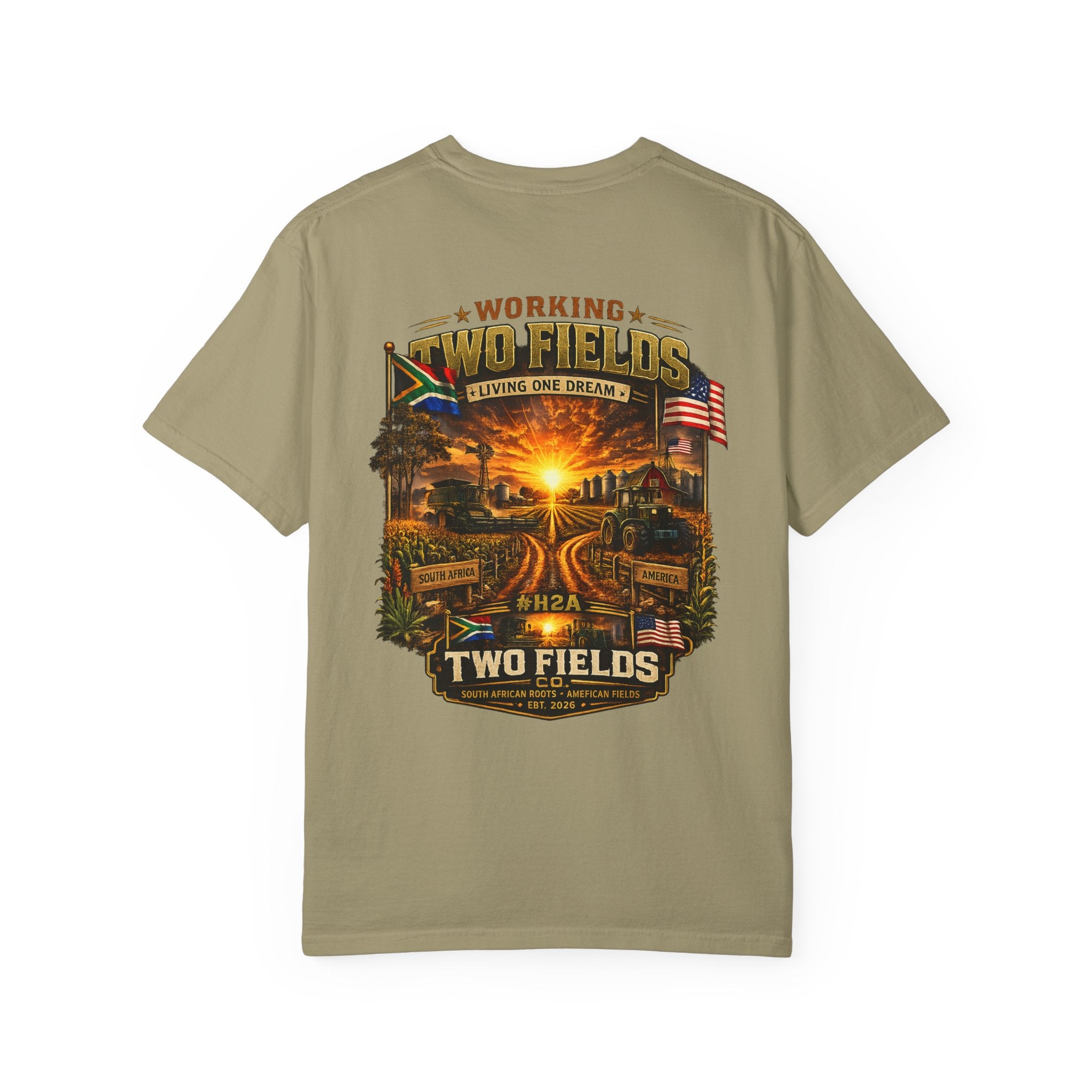 Olive T-shirt with large Two Fields farm sunset graphic on front