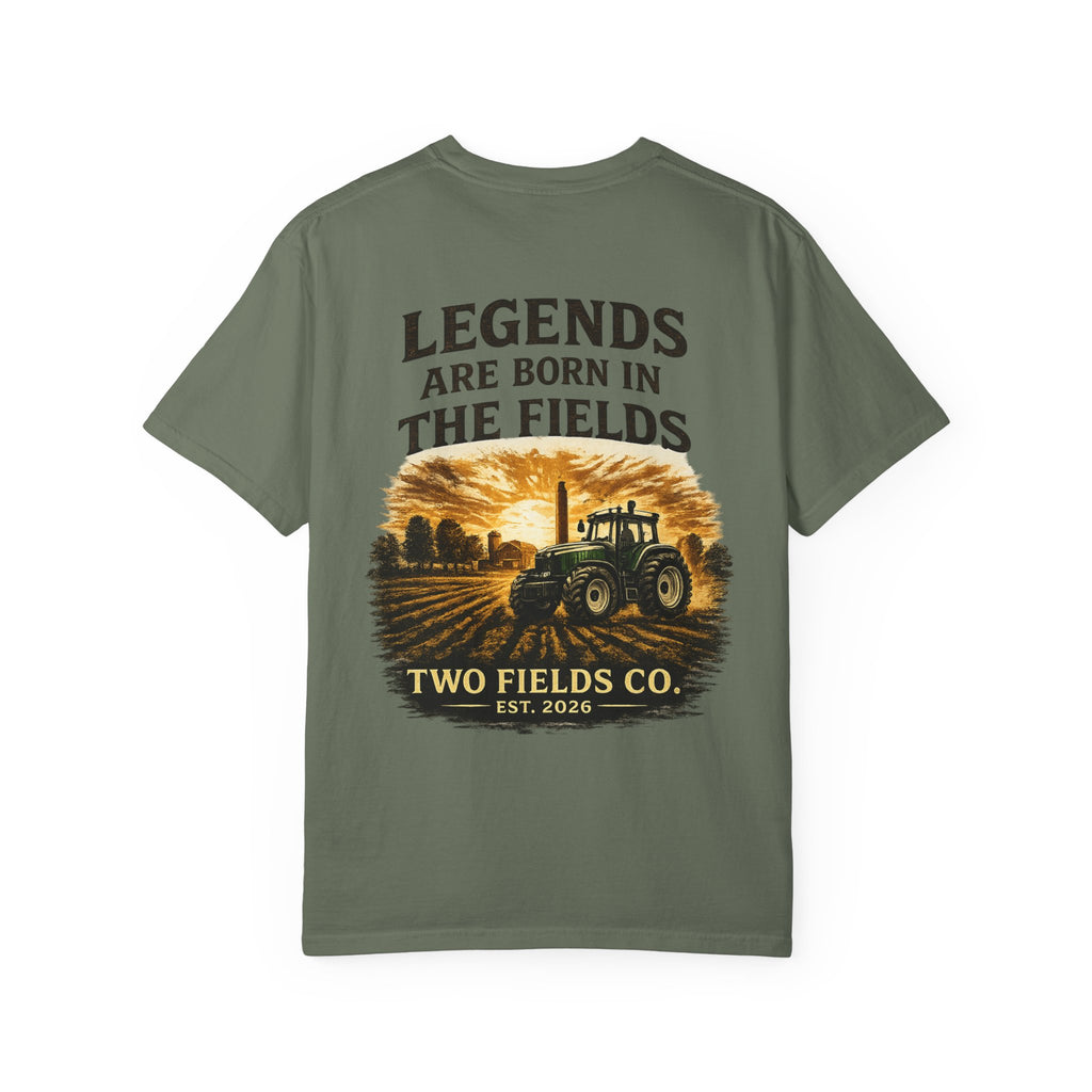 Olive short-sleeve T-shirt with large Legends tractor field print