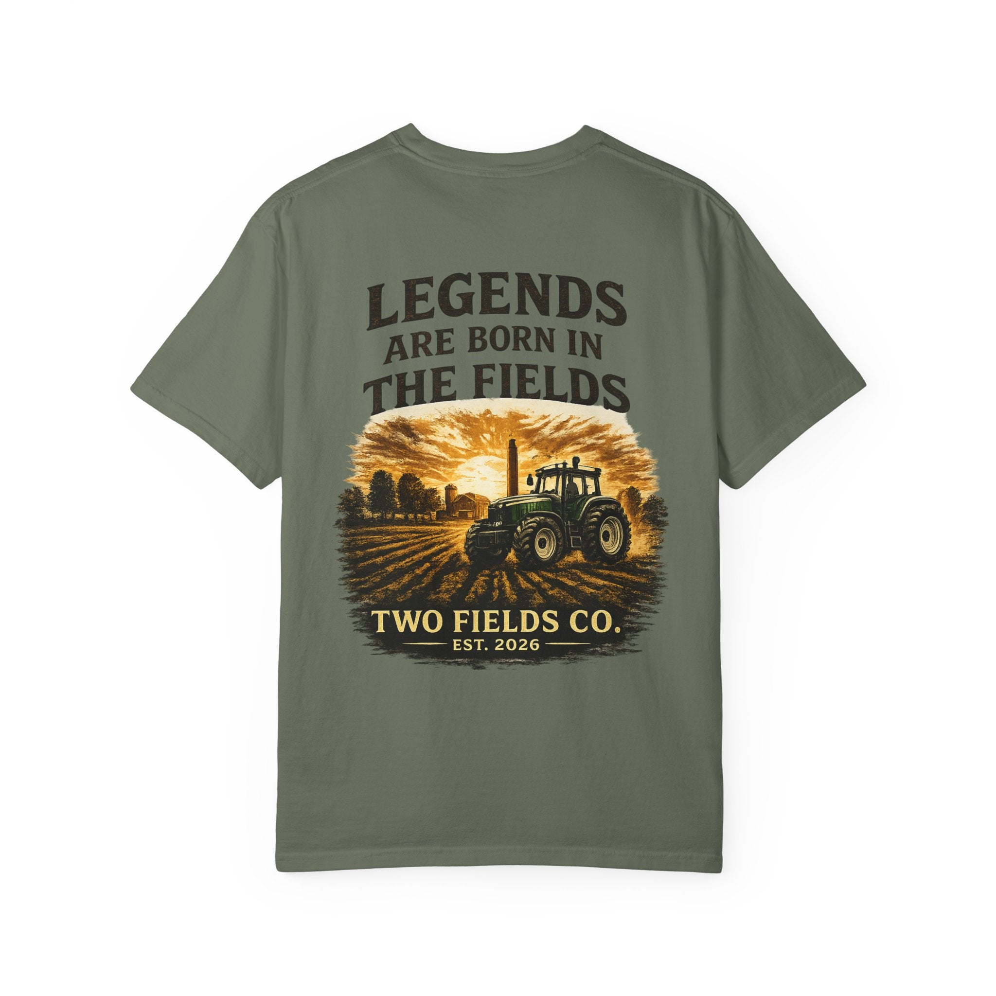 Olive short-sleeve T-shirt with large Legends tractor field print