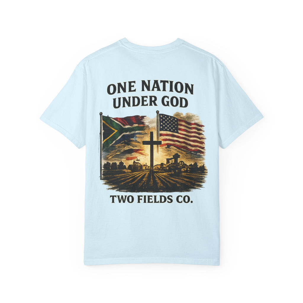 Light blue crewneck graphic T-shirt with cross, American flag scene, and slogan print
