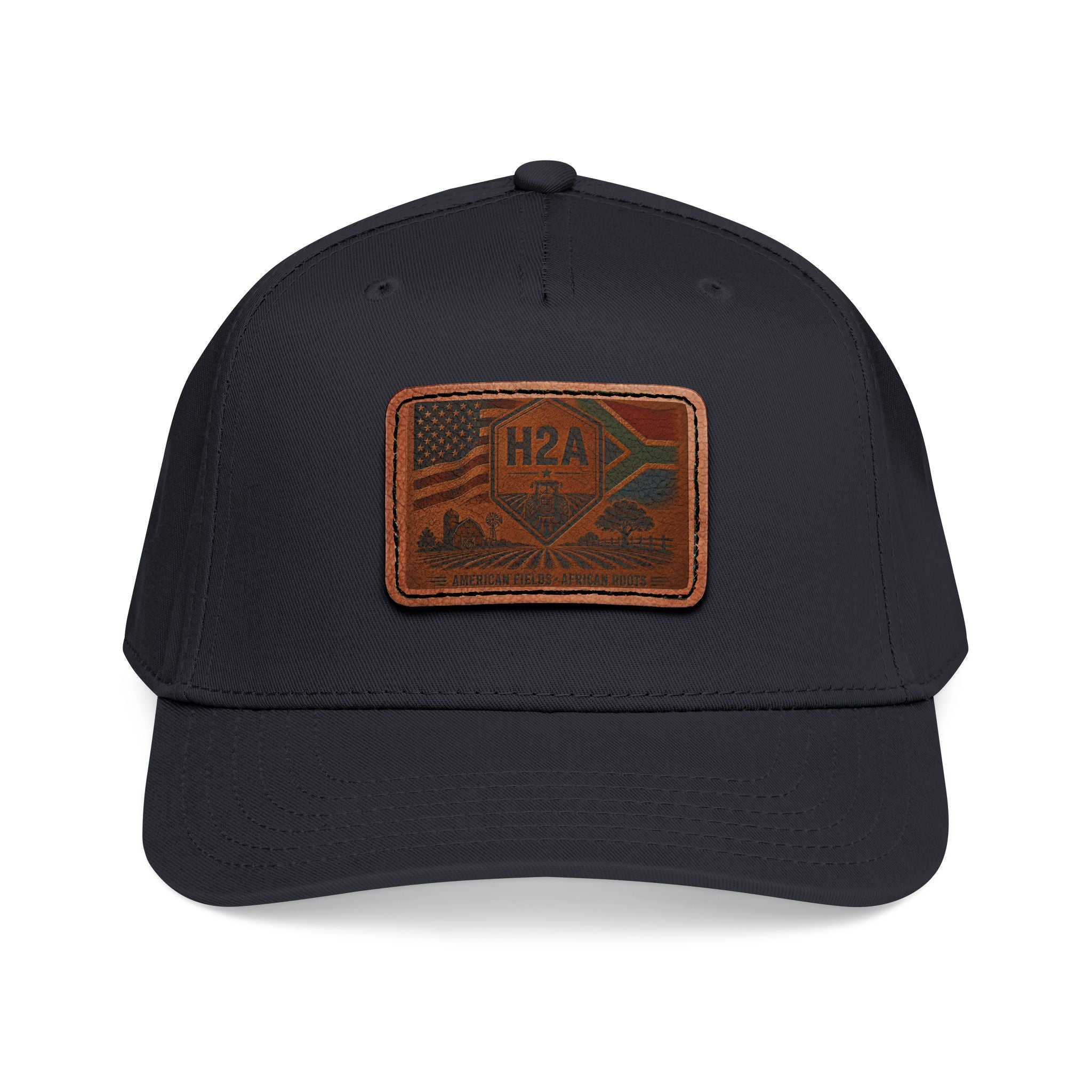 Navy baseball cap with rectangular H2A leather-look patch on front
