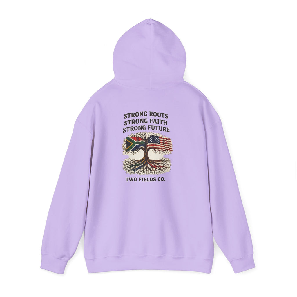 Light purple back view hoodie with large central graphic and drawstring hood