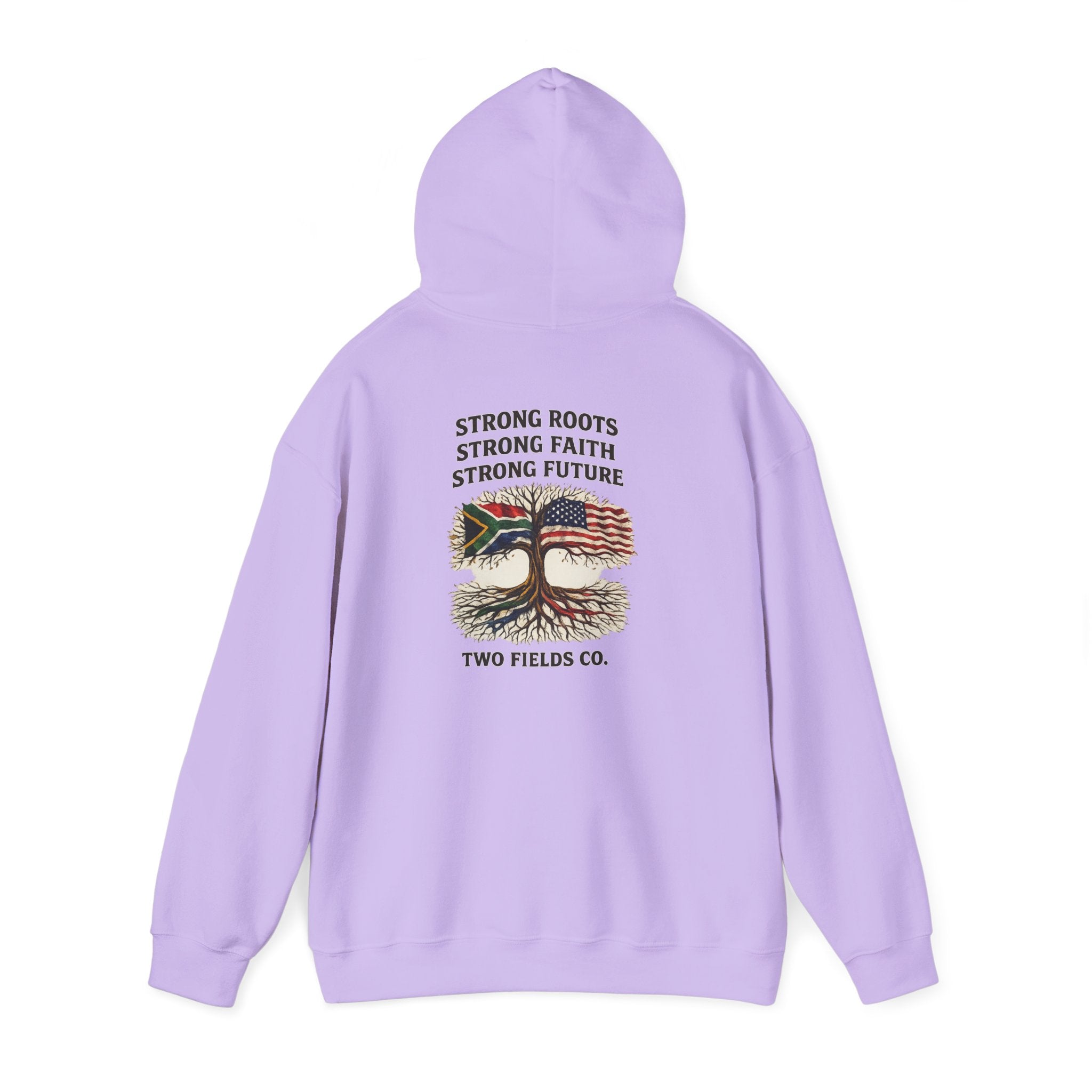 Light purple back view hoodie with large central graphic and drawstring hood