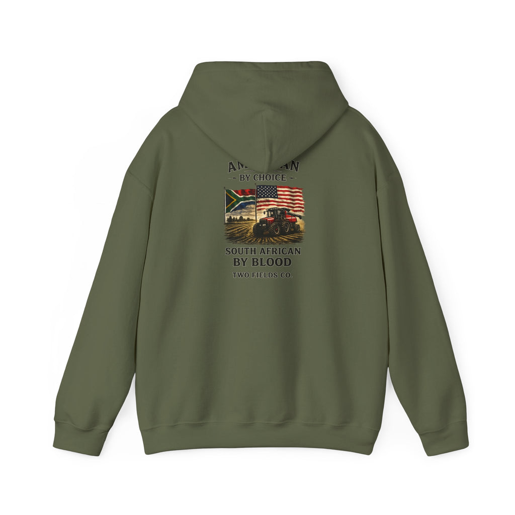 Military green pullover hoodie with front graphic and drawstring hood