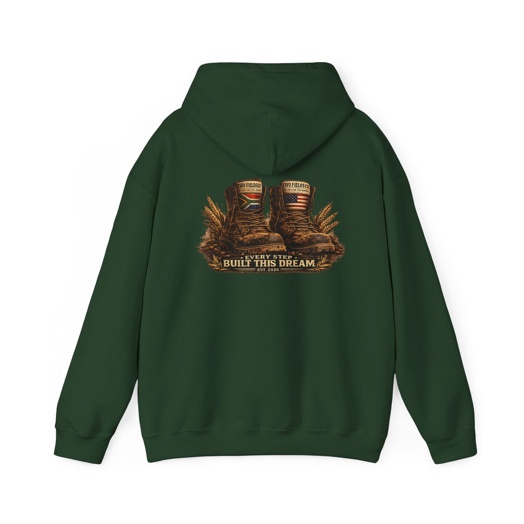 Dark green hoodie with hood, kangaroo pocket, and back western graphic "BUILD THIS DREAM"