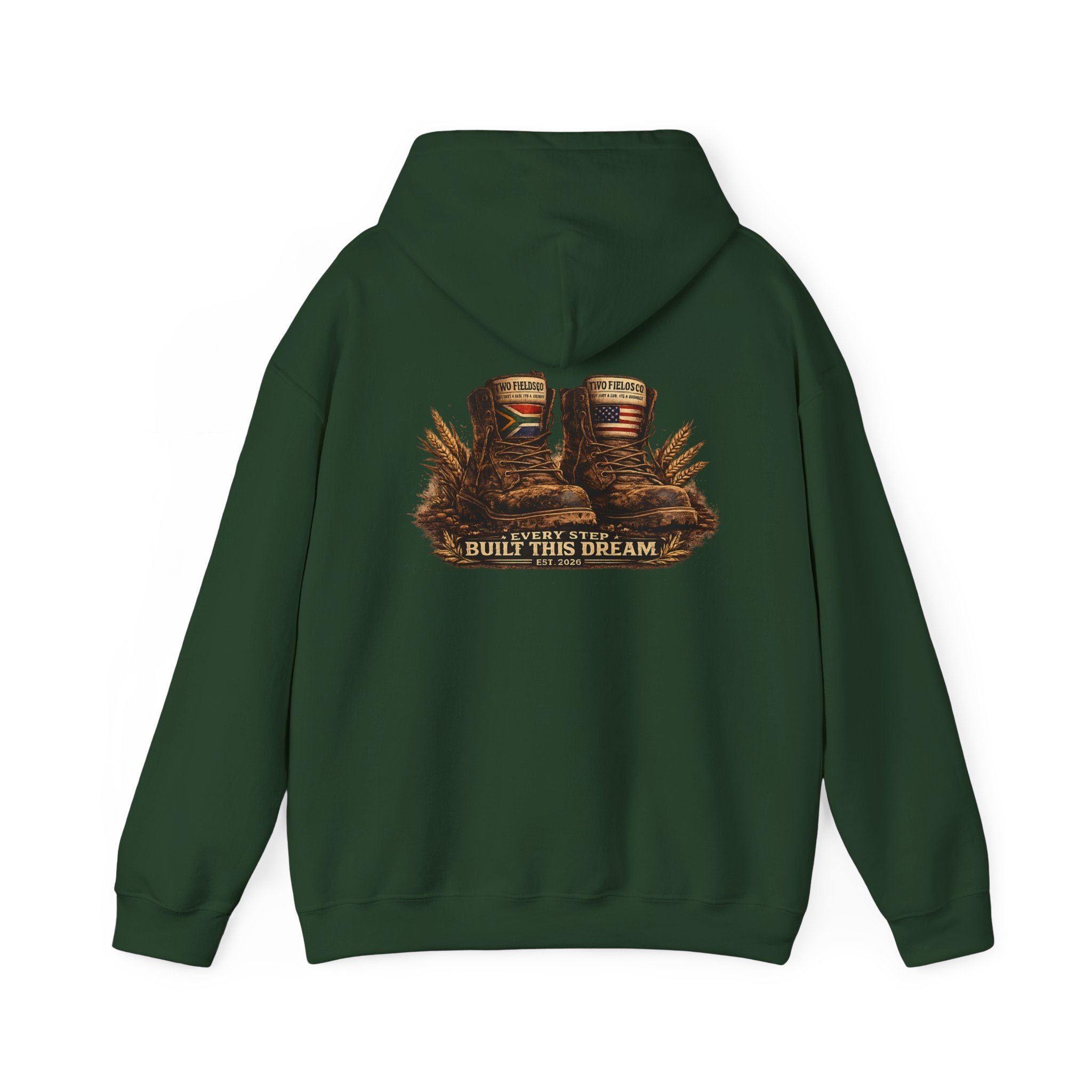 Dark green hoodie with hood, kangaroo pocket, and back western graphic "BUILD THIS DREAM"