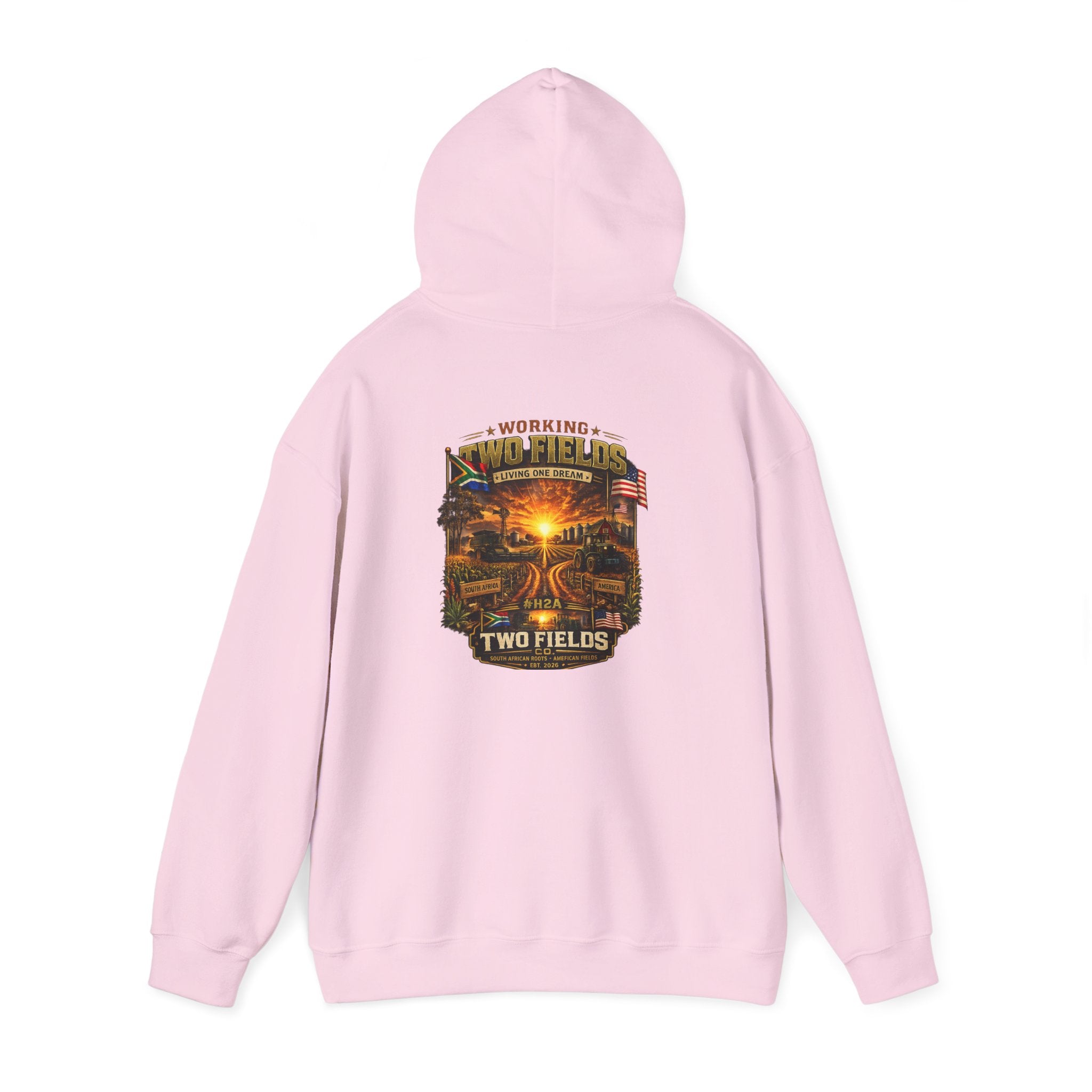 Light pink hoodie with hood up and back scenic farm graphic