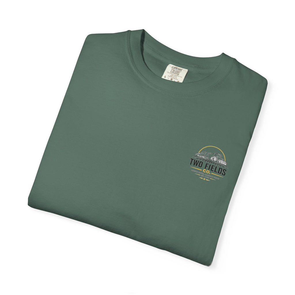Folded olive green t-shirt with small Two Fields Co. logo on chest