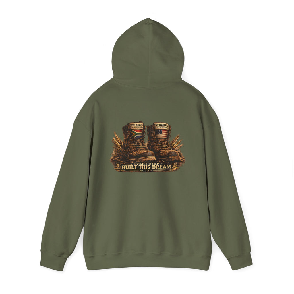 Olive green pullover hoodie with hood and back western graphic reading "EVERY STEP BUILD THIS DREAM"