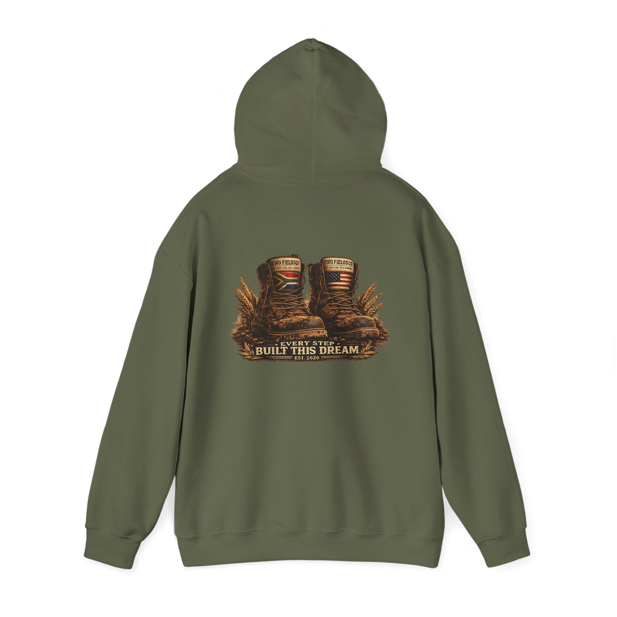Olive green pullover hoodie with hood and back western graphic reading "EVERY STEP BUILD THIS DREAM"