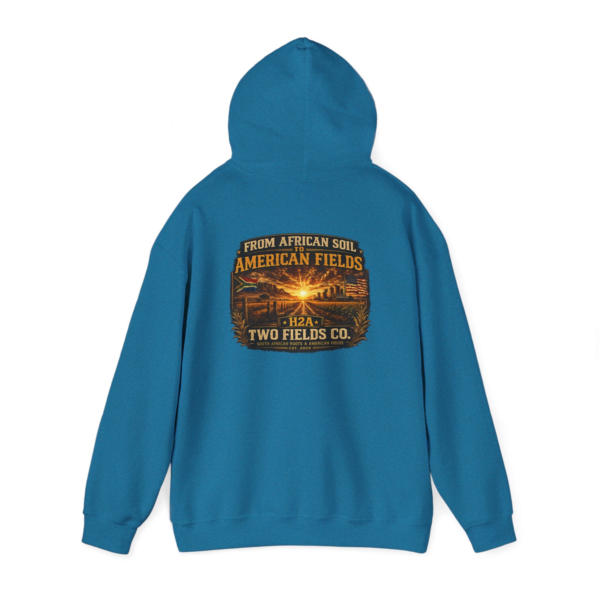 Teal hoodie pullover with hood up, back view showing centered graphic and text