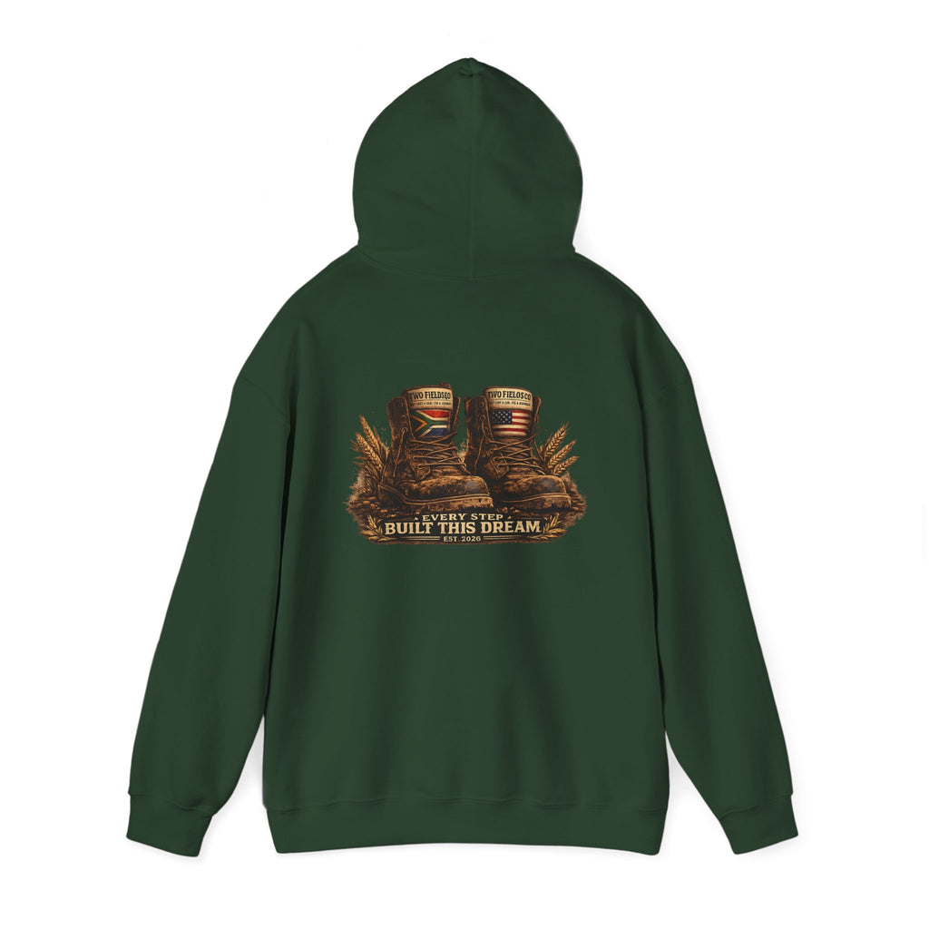 Dark green pullover hoodie with hood and back western graphic reading "EVERY STEP BUILD THIS DREAM"