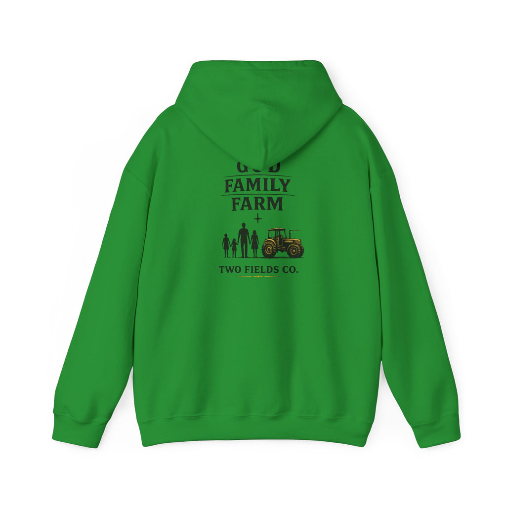 Green hoodie with back print reading "Family Farm" and tractor graphic