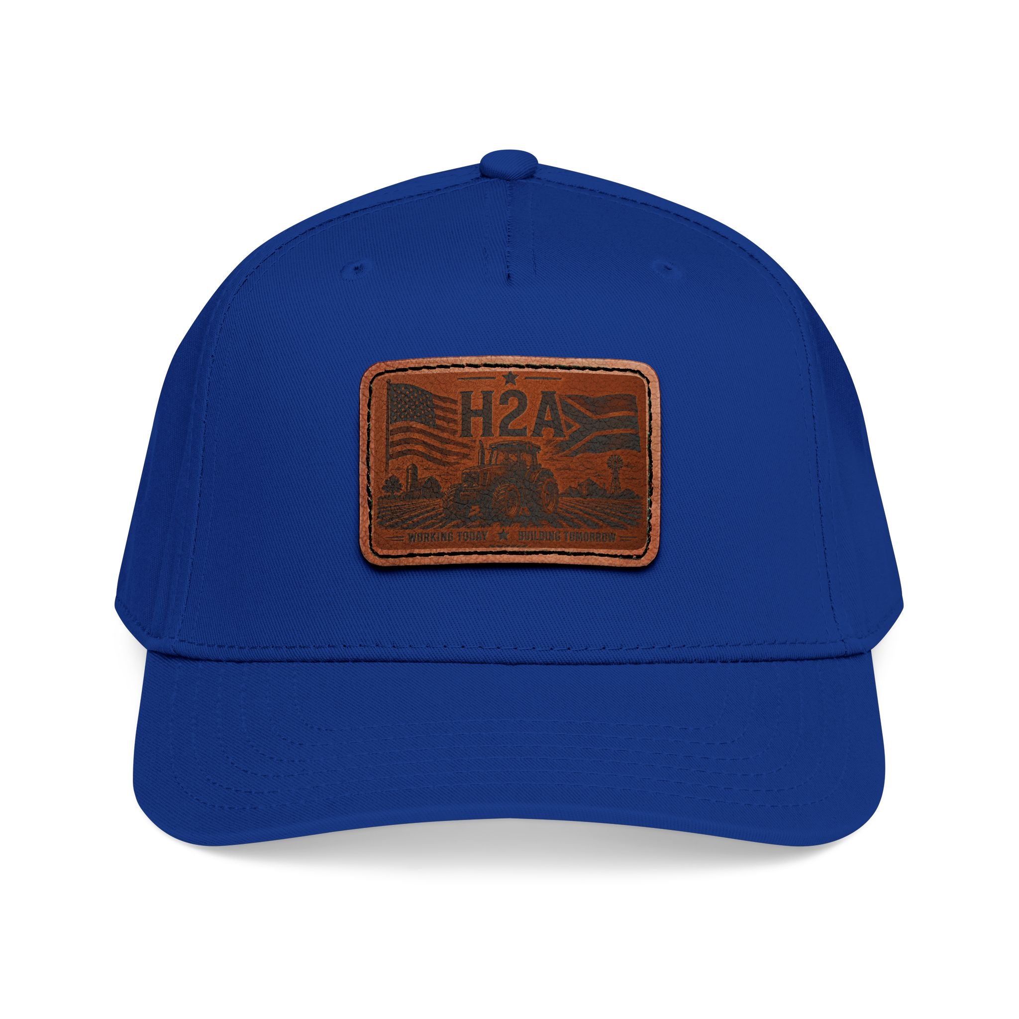 Royal blue baseball cap with rectangular H2A leather patch on front
