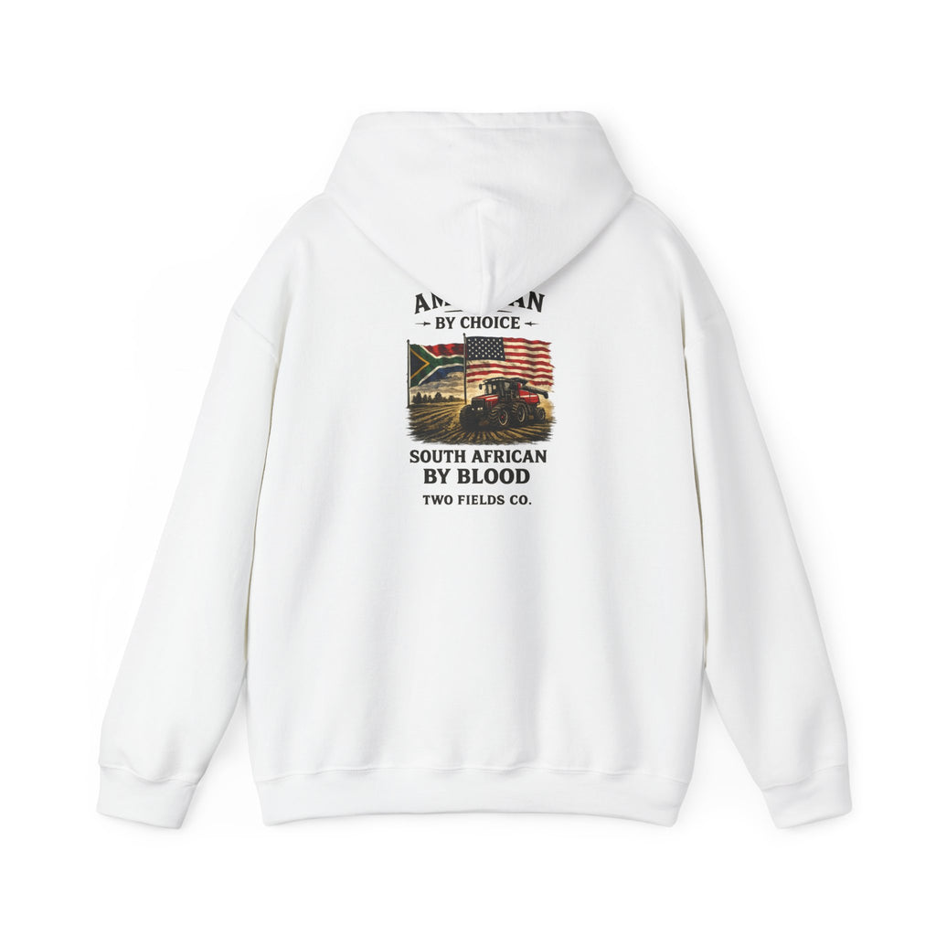 White pullover hoodie with large back graphic print, hood drawstrings, and front pouch pocket.
