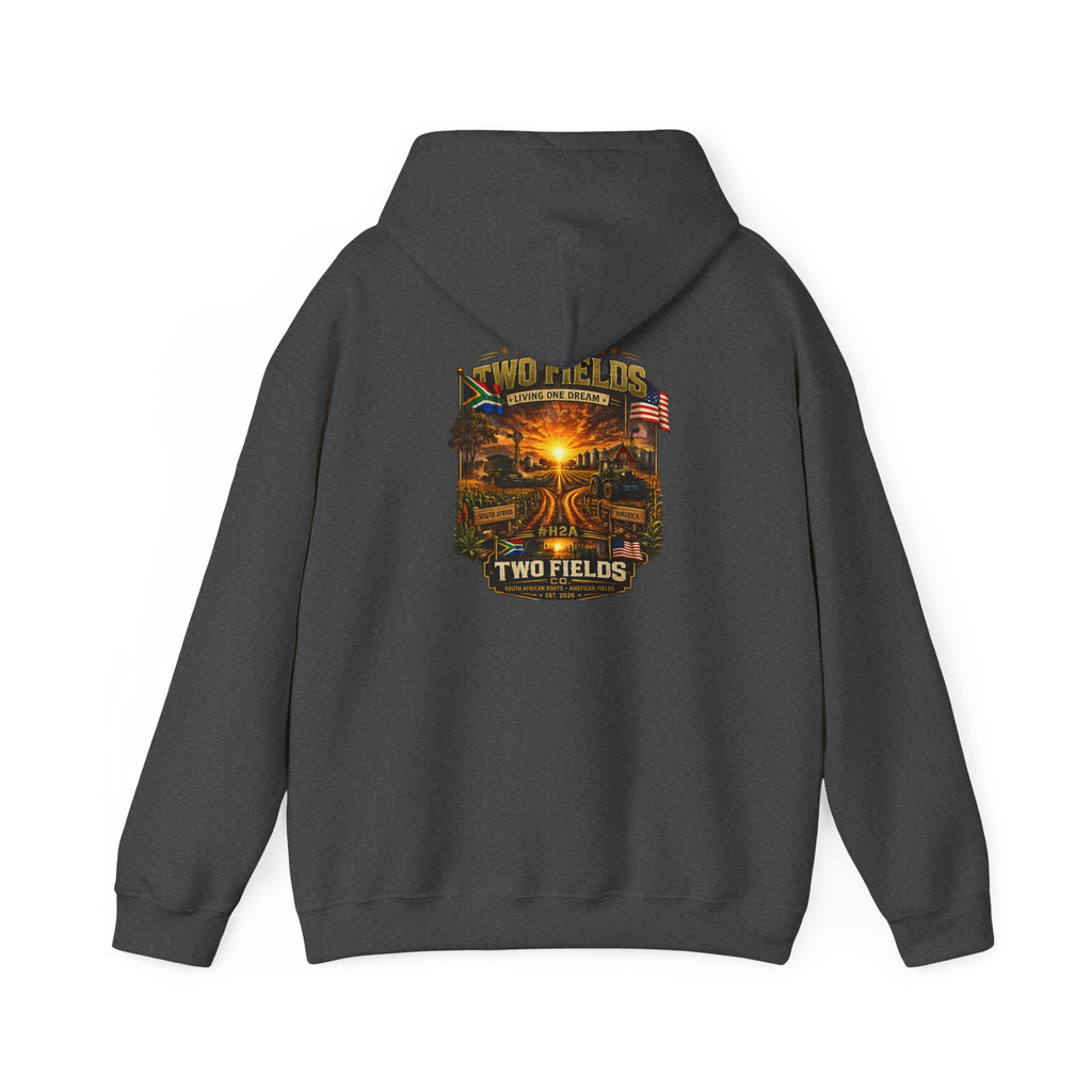 Dark gray pullover hoodie with front pocket and hood; back square scenic farm sunset graphic