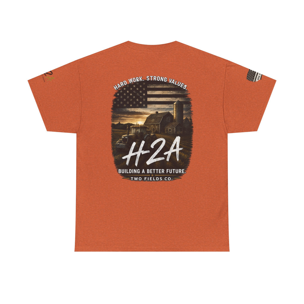 Orange farming T-shirt with large back graphic, flag, barn scene, and #H2A