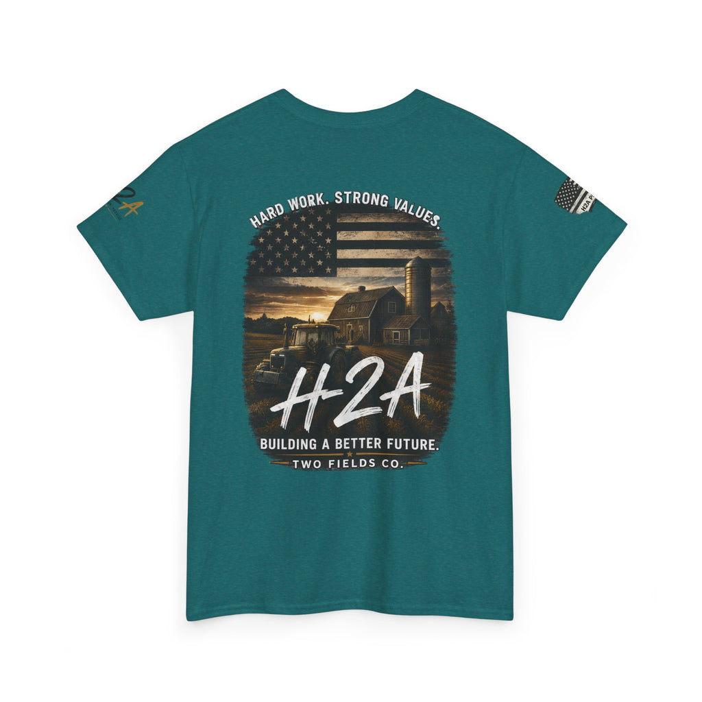 Teal farming T-shirt with front patriotic farm graphic, US flag and H2A