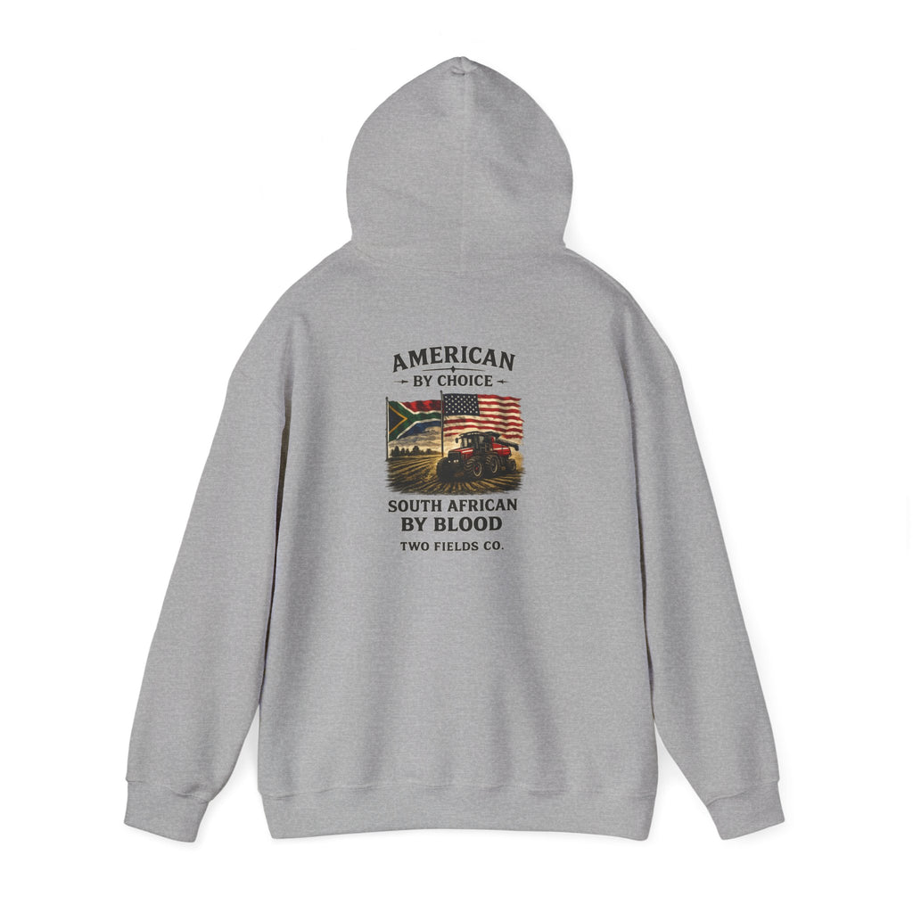 Dark grey pullover hoodie, back view with printed logo and slogan